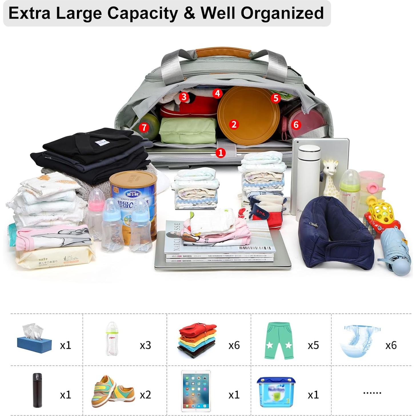 Bolsa de Pañales Grande Tote Nylon Gris Morandi con Compartimentos