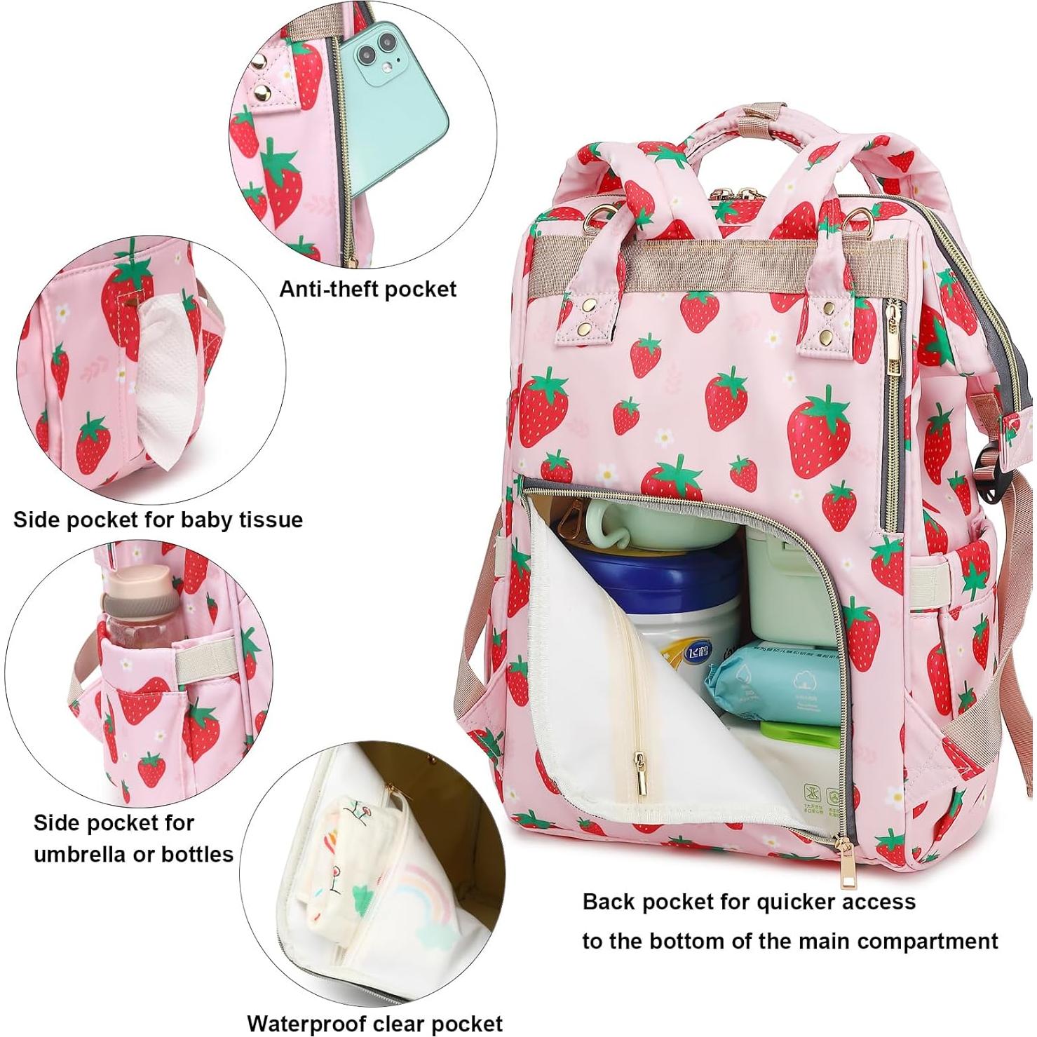 Mochila de Pañales Fresa Impermeable para Mamás 20L