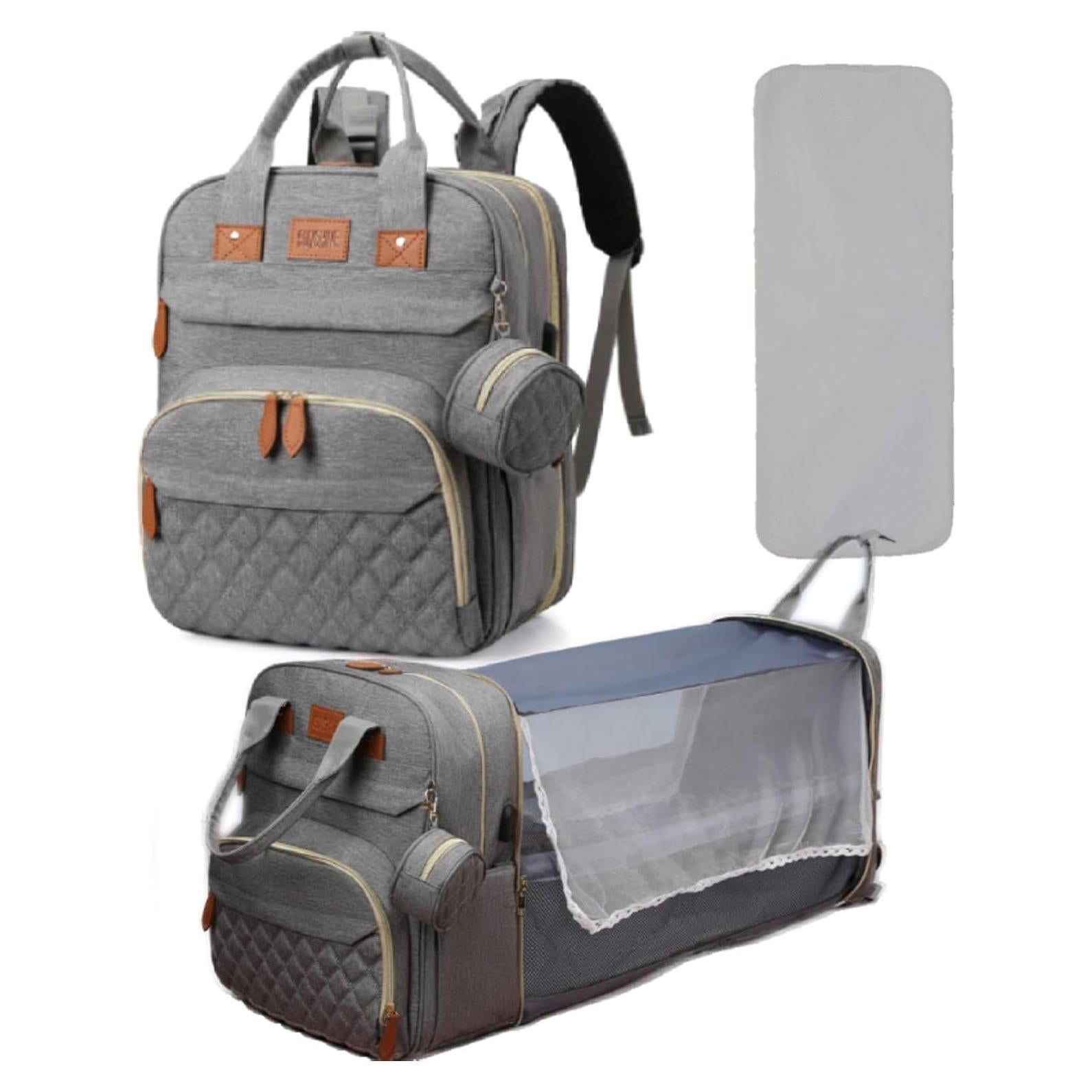 Mochila para Pañales Bebé Gris con Estación de Cambio USB 19L
