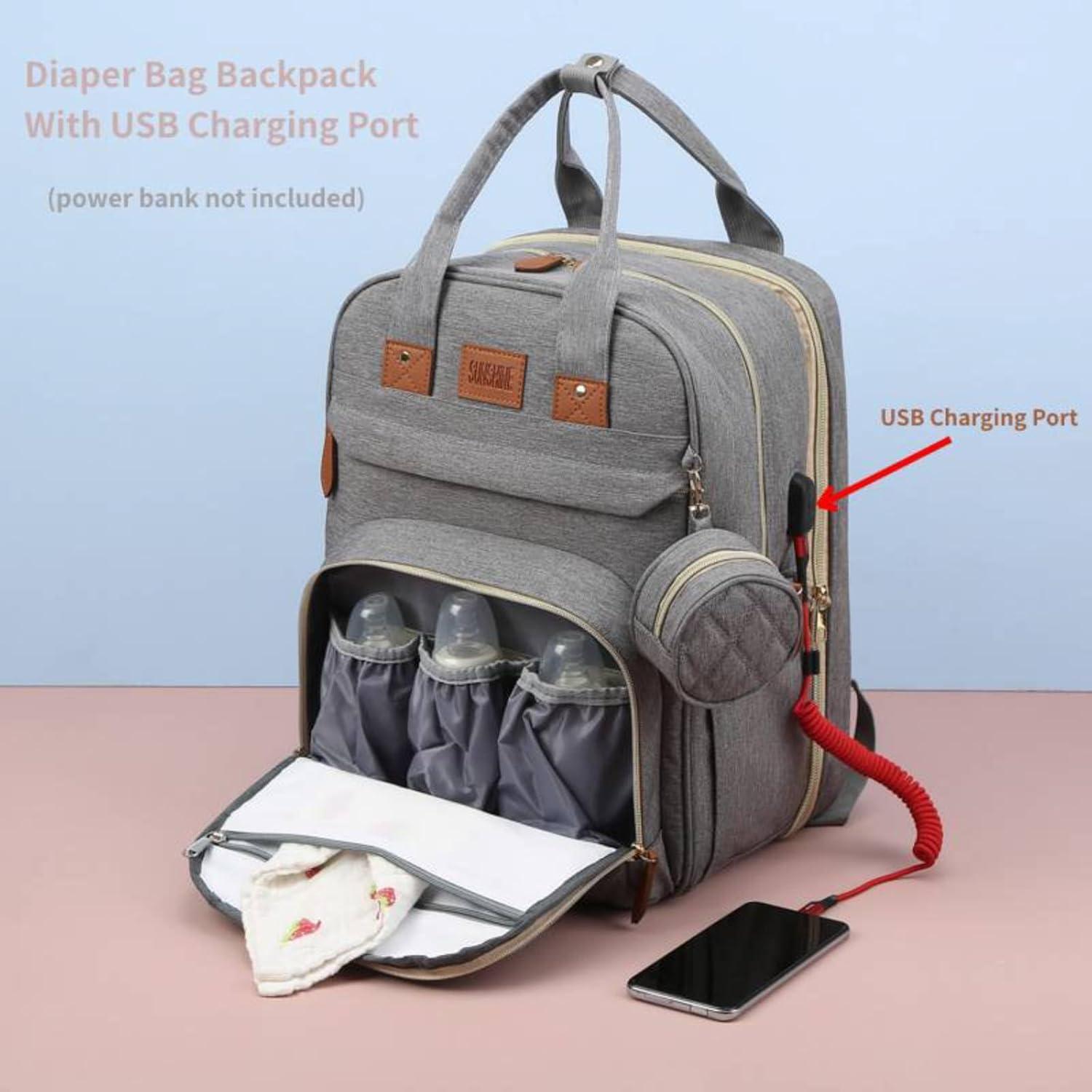 Mochila para Pañales Bebé Gris con Estación de Cambio USB 19L