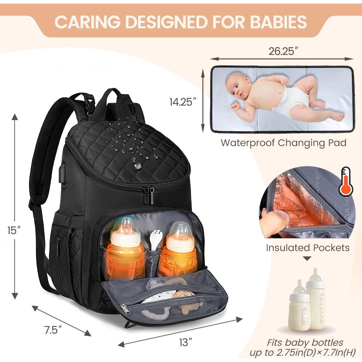 Mochila para Pañales LoveVook Grande Negra con Cambiador