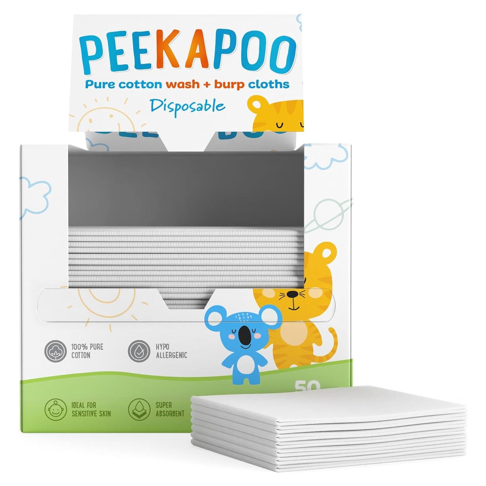 Toallitas Desechables de Algodón Peekapoo - 50 Unidades, Biodegradables, Suaves y Hipoalergénicas