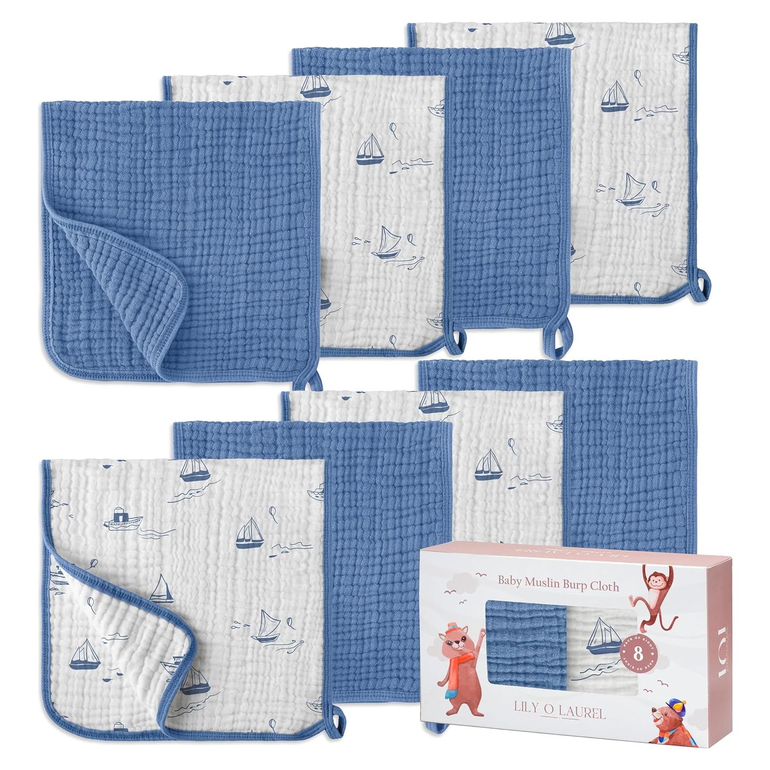 Paños de Eructo LILY O LAUREL 100% Algodón Muslin 8 Piezas