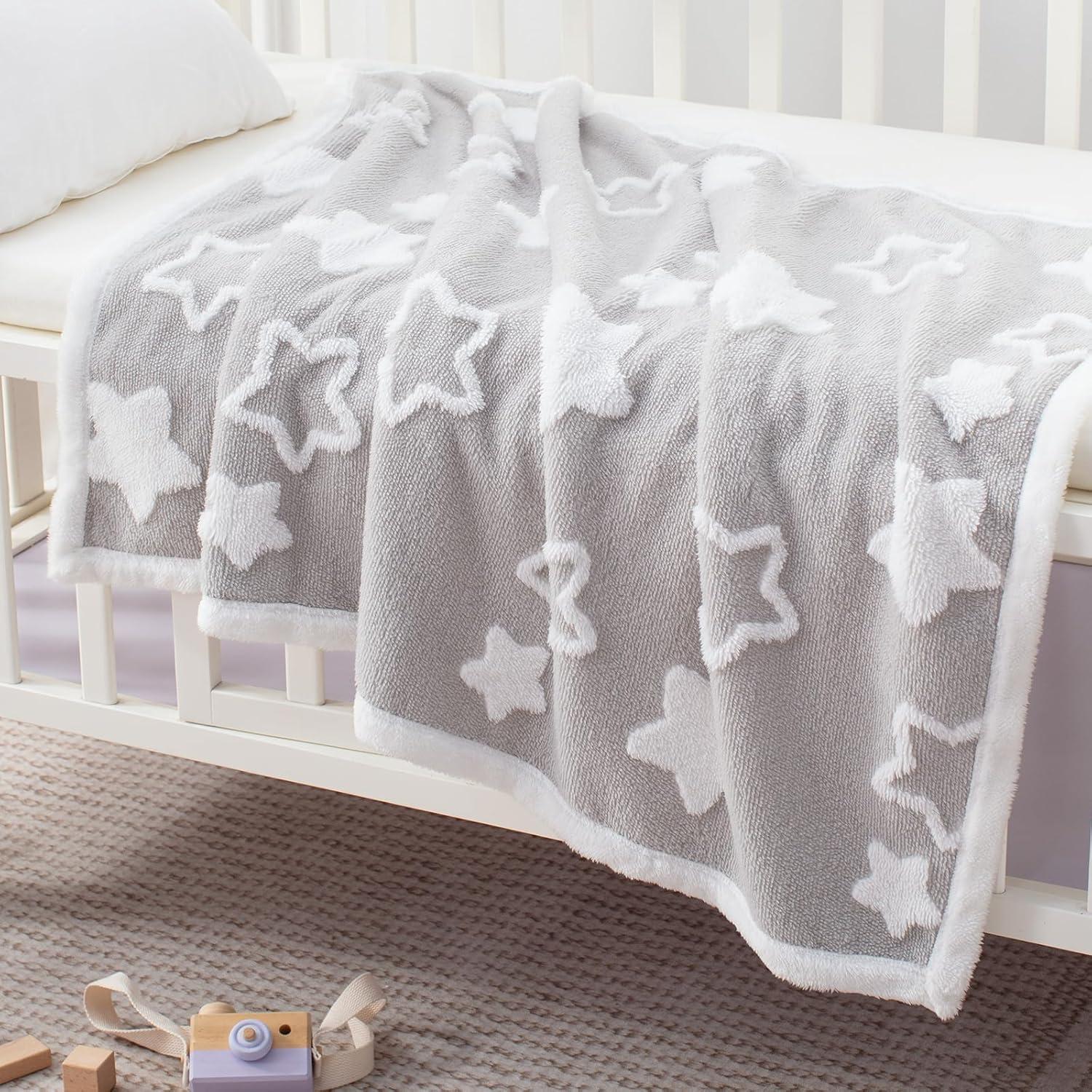 Manta Reversible para Bebés TCOYIWL Jacquard Estrellas 84x109 cm Gris