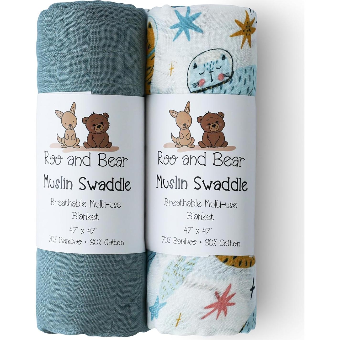 Manta de Muselina para Bebé Roo y Bear 120x120 cm 2 Pzas Gatos Espaciales