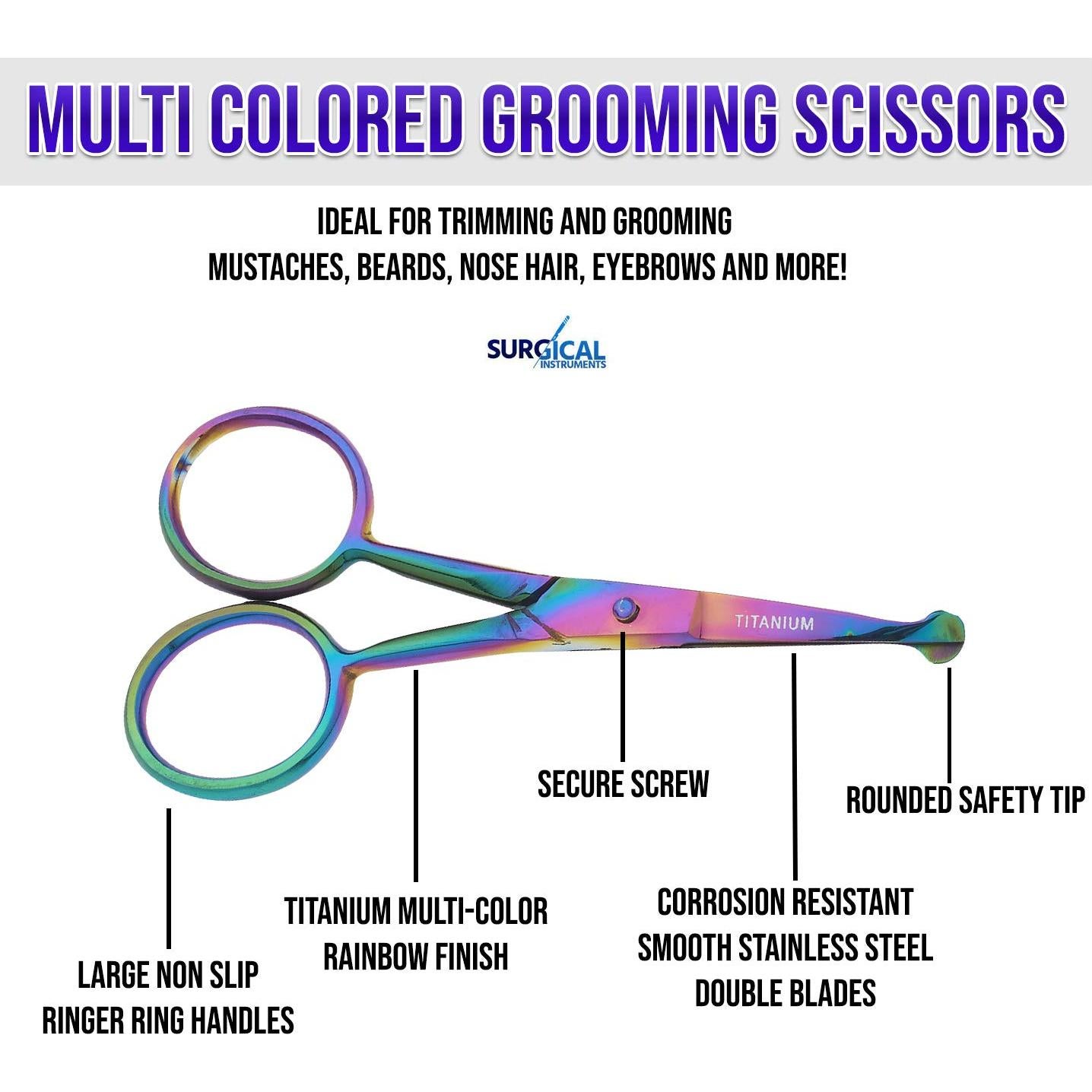 SurgicalOnline Multi-Colored Titanium Galaxy Rainbow Safety Scissor - Stainless Steel Multi Scissors For Nose, Mustache, Eyebrow, Small Grooming Scissors, Travel Size