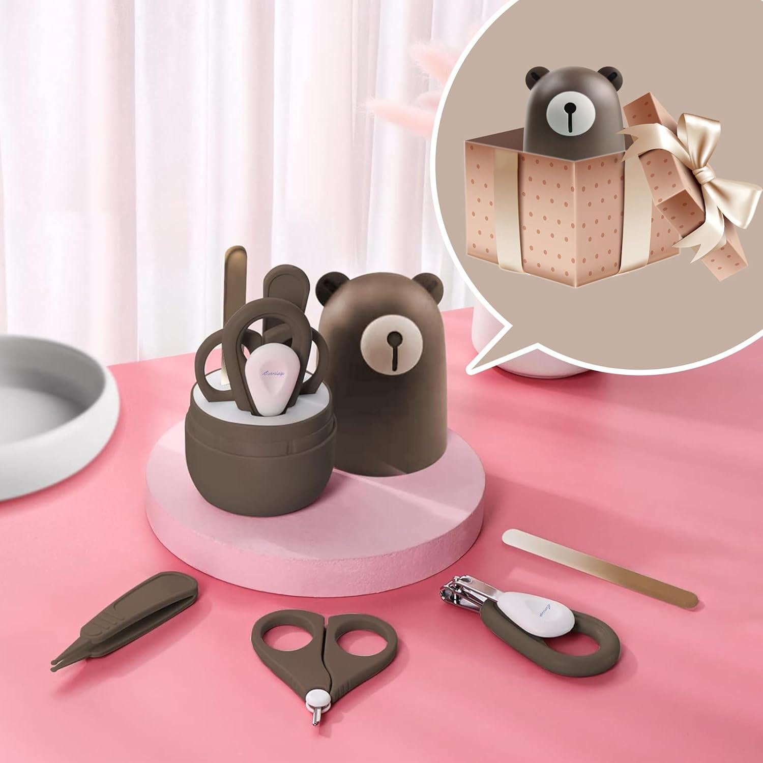 Juego de cortauñas para bebés 6 piezas con estuche marrón claro