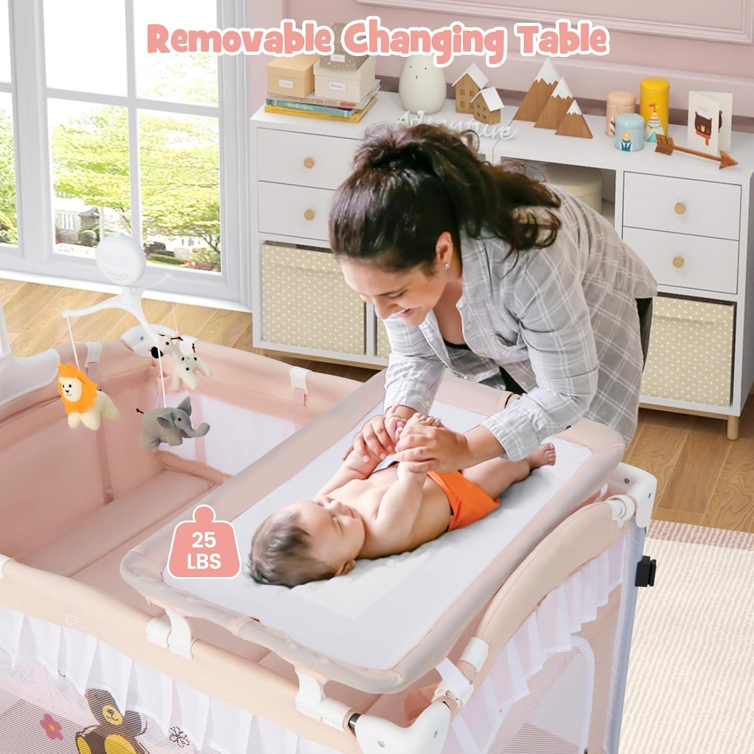 Cuna portátil 4 en 1 BABY JOY con dosel rosa y ruedas