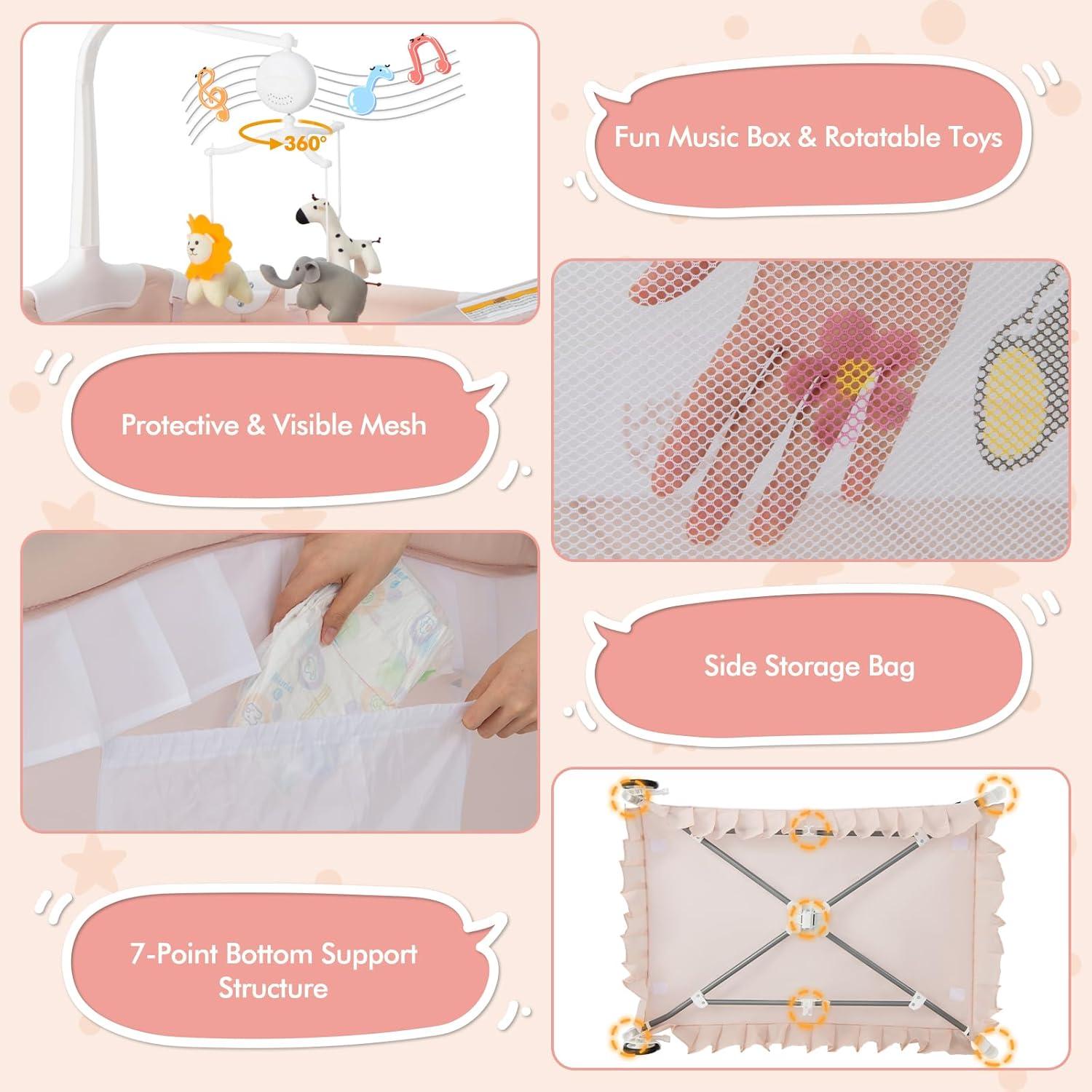 Cuna portátil 4 en 1 BABY JOY con dosel rosa y ruedas