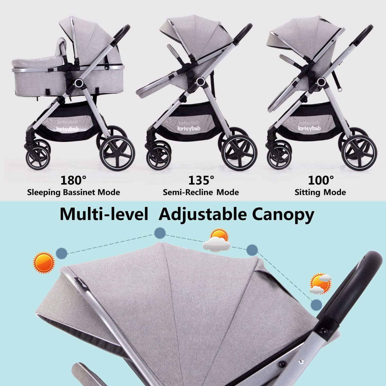 Carrito de bebé 2 en 1 LORTSYBAB Gris Plegable y Reversible