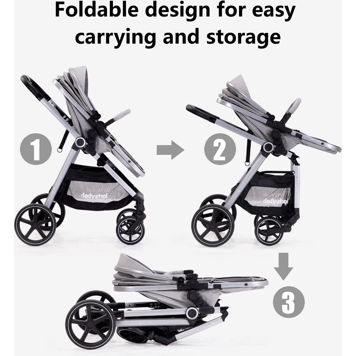 Carrito de bebé 2 en 1 LORTSYBAB Gris Plegable y Reversible