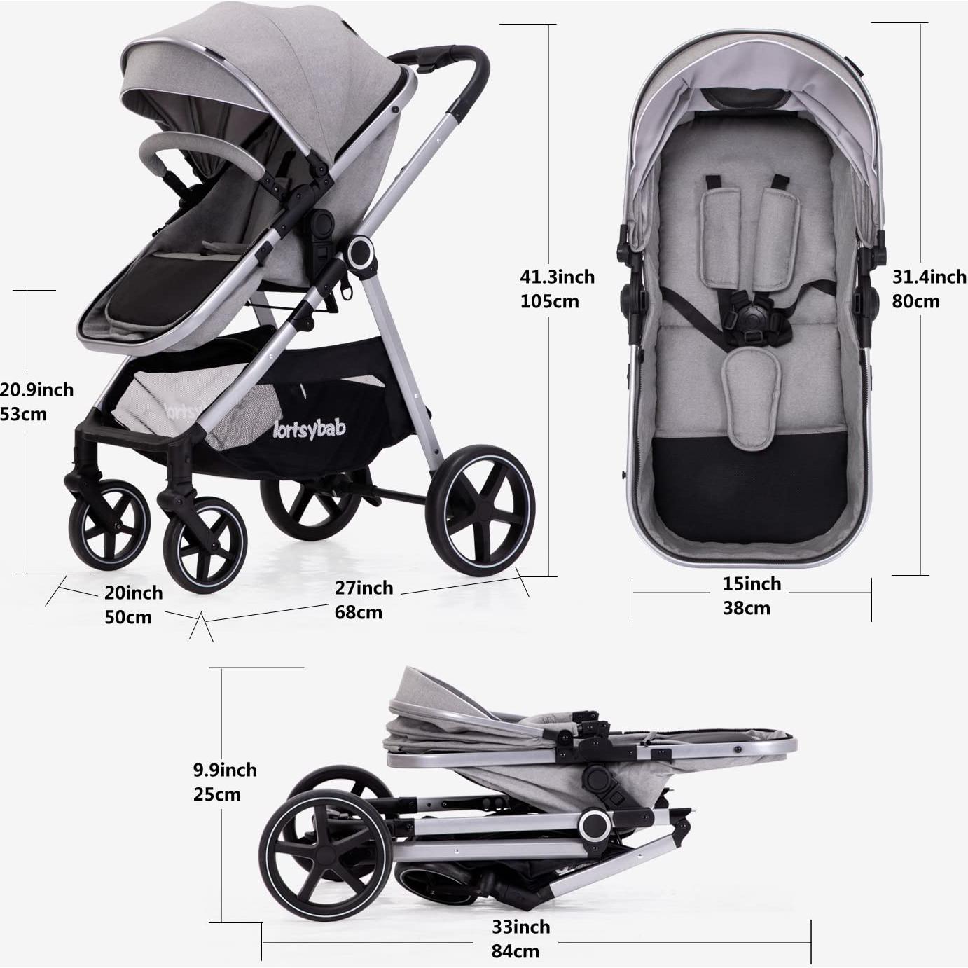 Carrito de bebé 2 en 1 LORTSYBAB Gris Plegable y Reversible