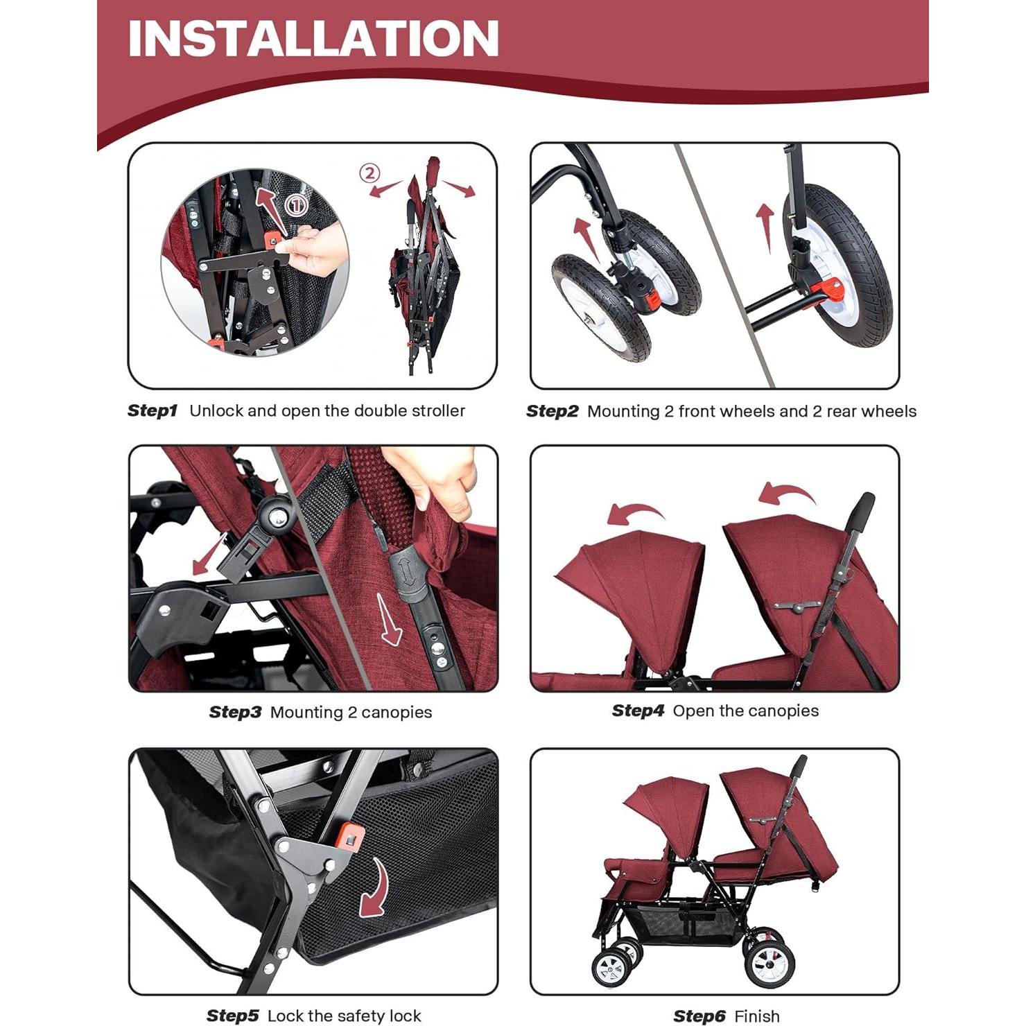 Carrito Doble Plegable OVERTANG Rojo para Bebé y Niño