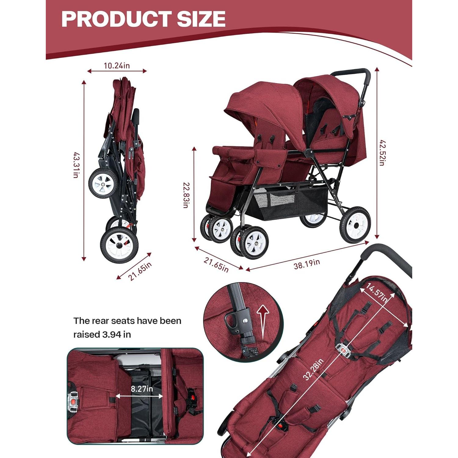 Carrito Doble Plegable OVERTANG Rojo para Bebé y Niño