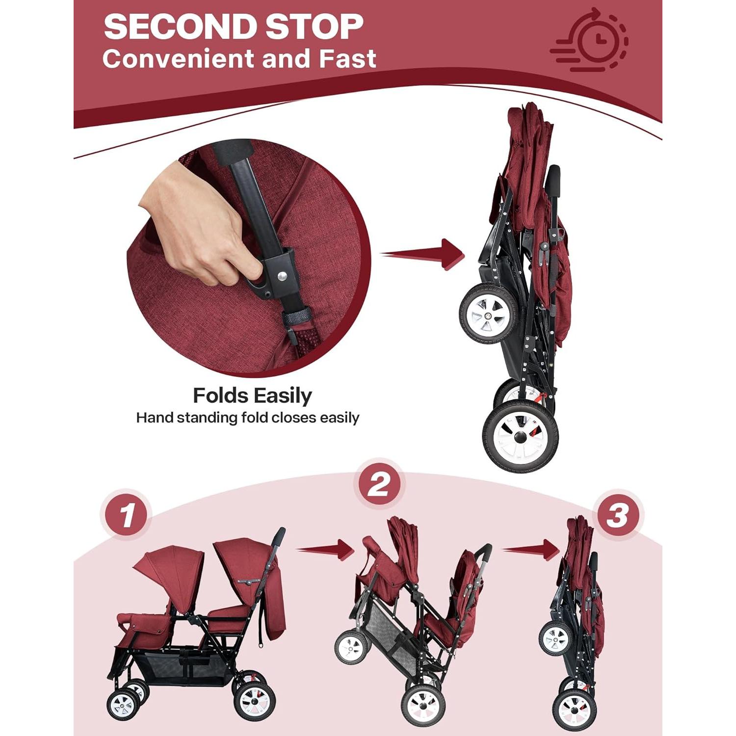 Carrito Doble Plegable OVERTANG Rojo para Bebé y Niño