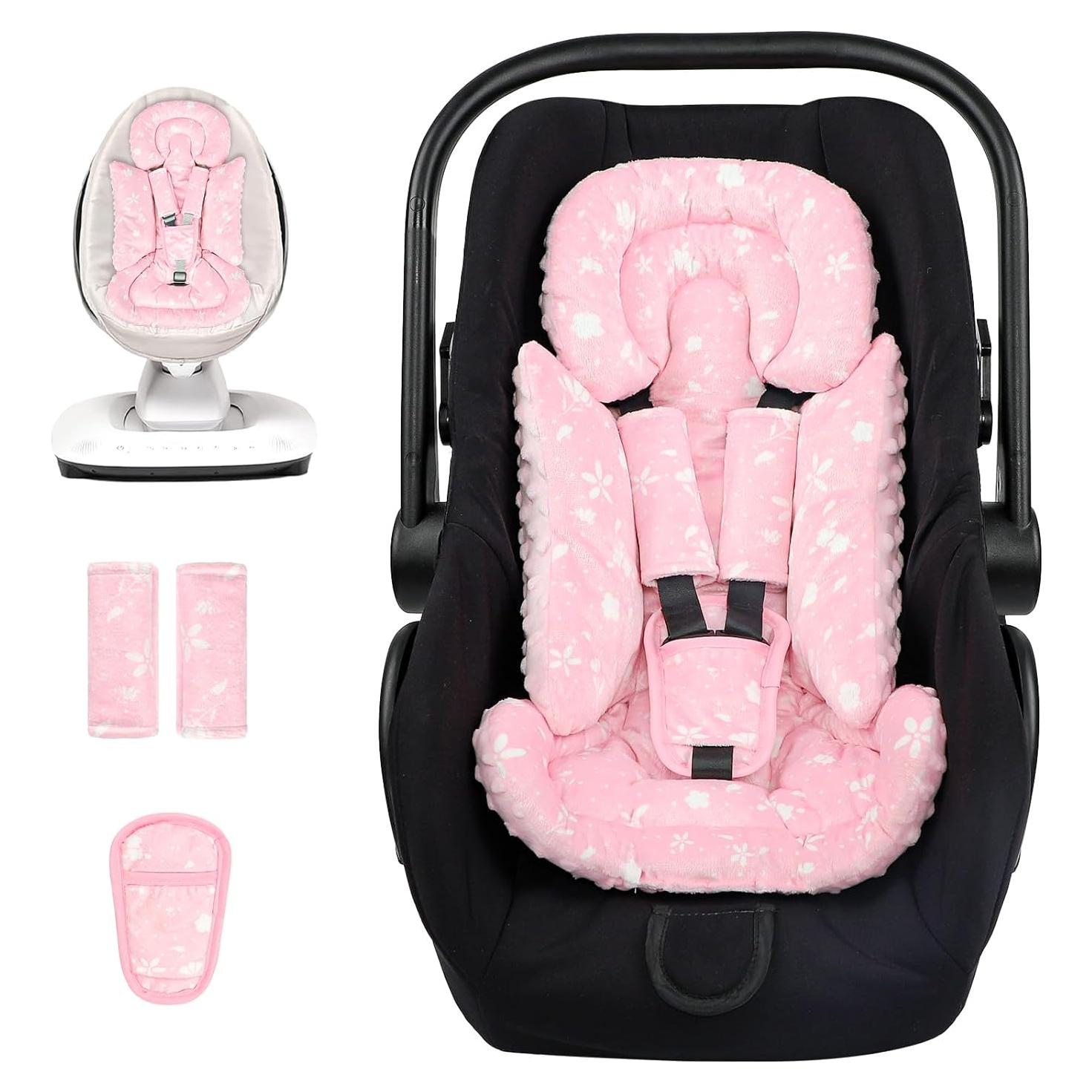 Car Seat Head Support Baby, Soft Infant CarSeat Insert with Strap Covers for Girls, Newborn Insert for carseat, Strollers, Swings, Bouncer, Pink