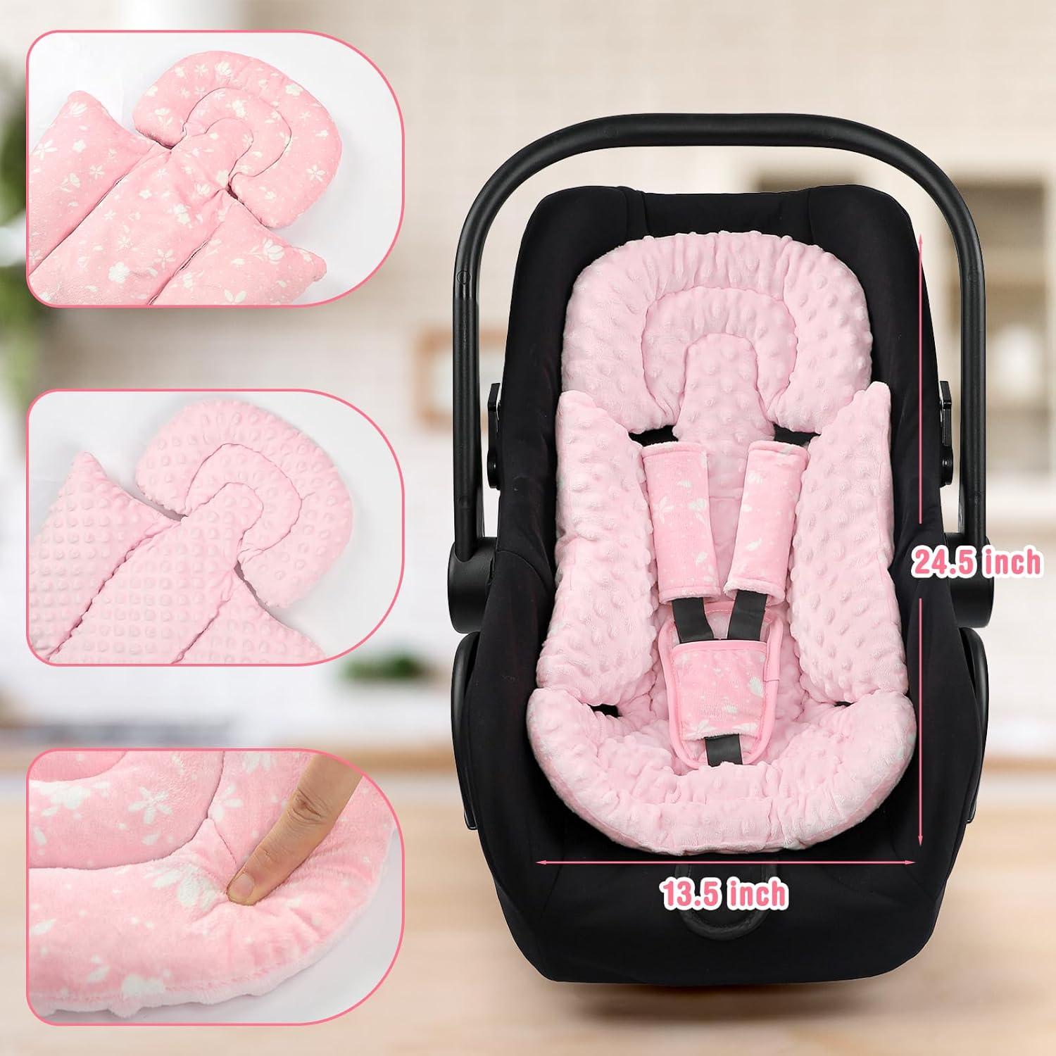 Car Seat Head Support Baby, Soft Infant CarSeat Insert with Strap Covers for Girls, Newborn Insert for carseat, Strollers, Swings, Bouncer, Pink