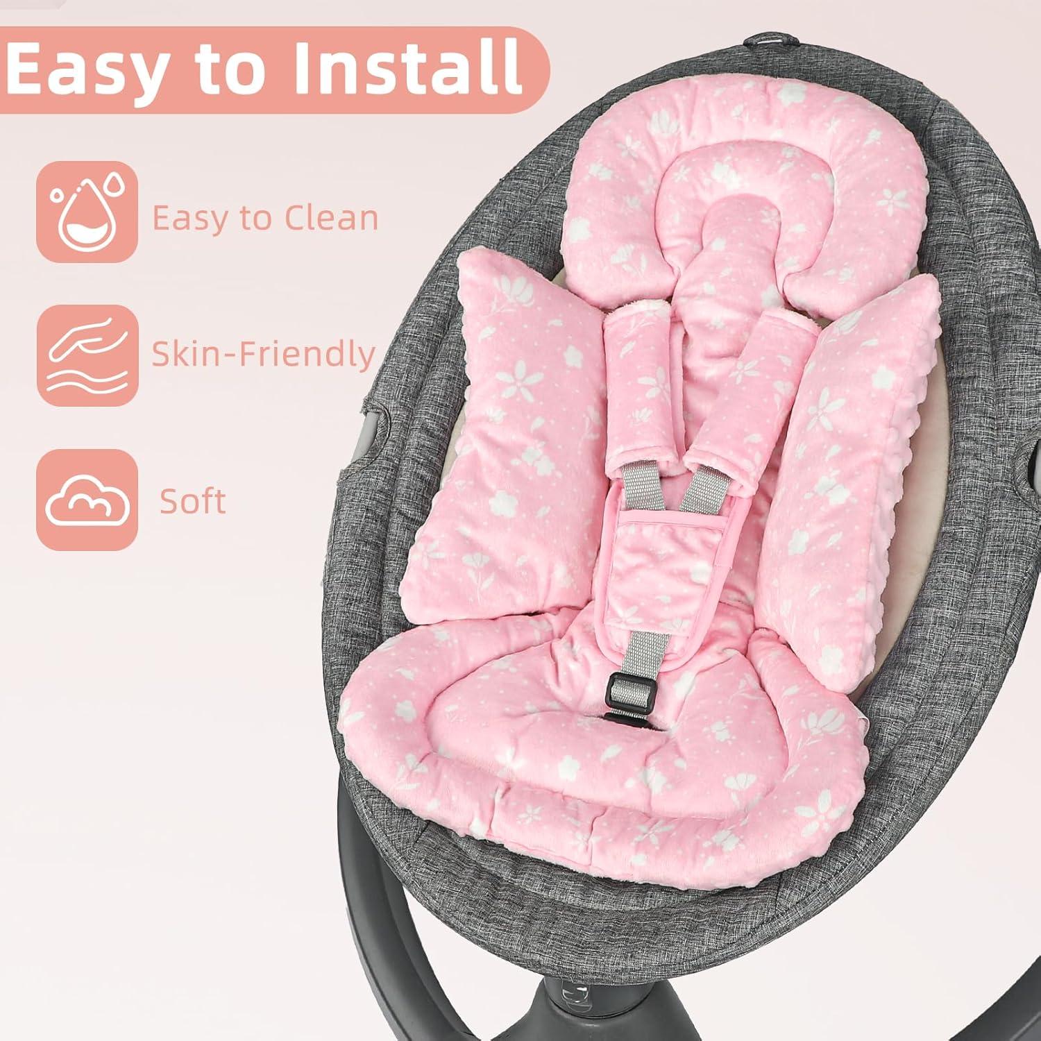 Car Seat Head Support Baby, Soft Infant CarSeat Insert with Strap Covers for Girls, Newborn Insert for carseat, Strollers, Swings, Bouncer, Pink