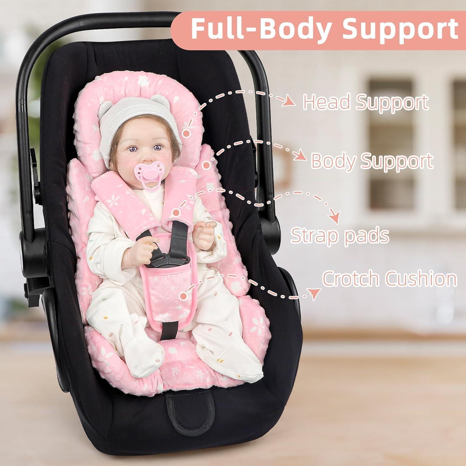 Car Seat Head Support Baby, Soft Infant CarSeat Insert with Strap Covers for Girls, Newborn Insert for carseat, Strollers, Swings, Bouncer, Pink