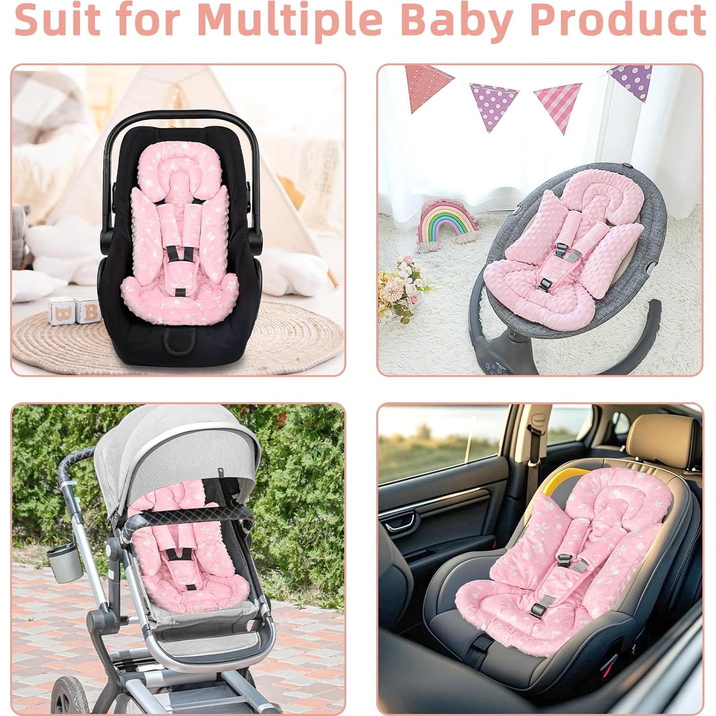 Car Seat Head Support Baby, Soft Infant CarSeat Insert with Strap Covers for Girls, Newborn Insert for carseat, Strollers, Swings, Bouncer, Pink