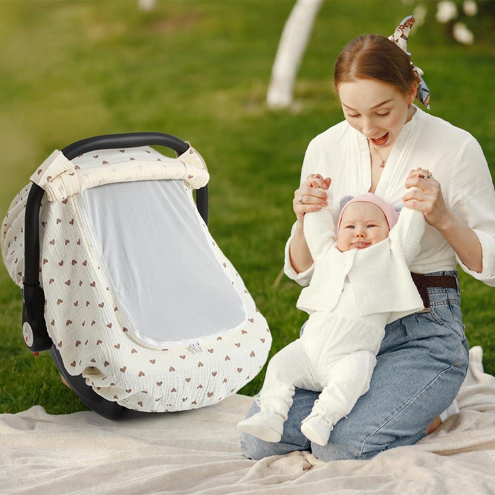 Cubierta de Asiento de Coche Bebé Algodón Muselina Crema