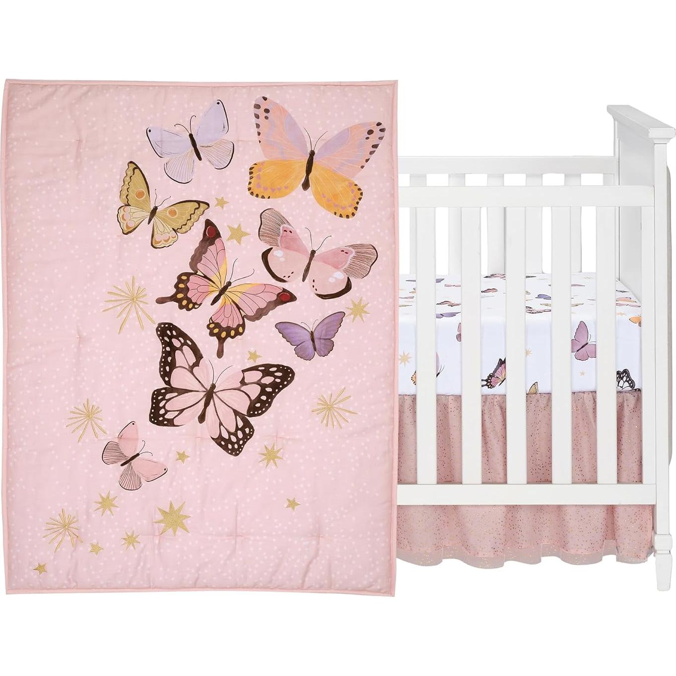 Conjunto de Ropa de Cuna 3 Piezas Lambs & Ivy Mariposa Rosa/Oro