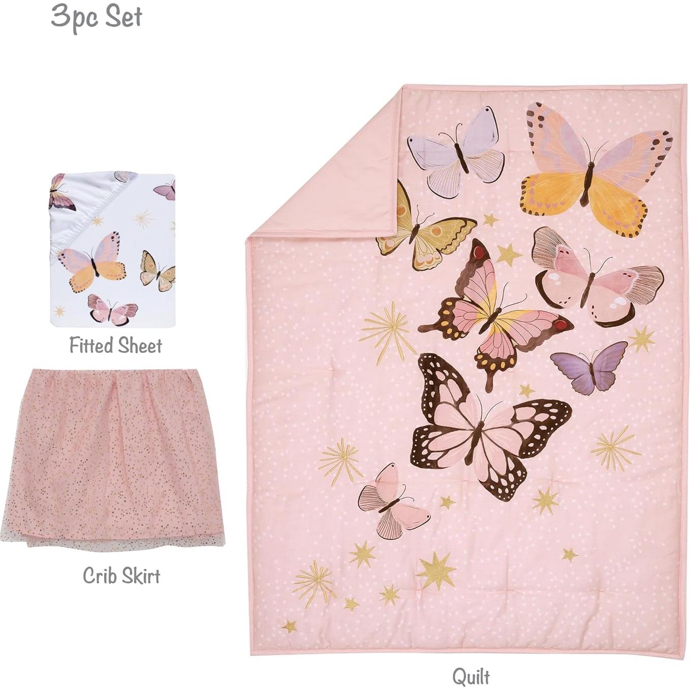 Conjunto de Ropa de Cuna 3 Piezas Lambs & Ivy Mariposa Rosa/Oro
