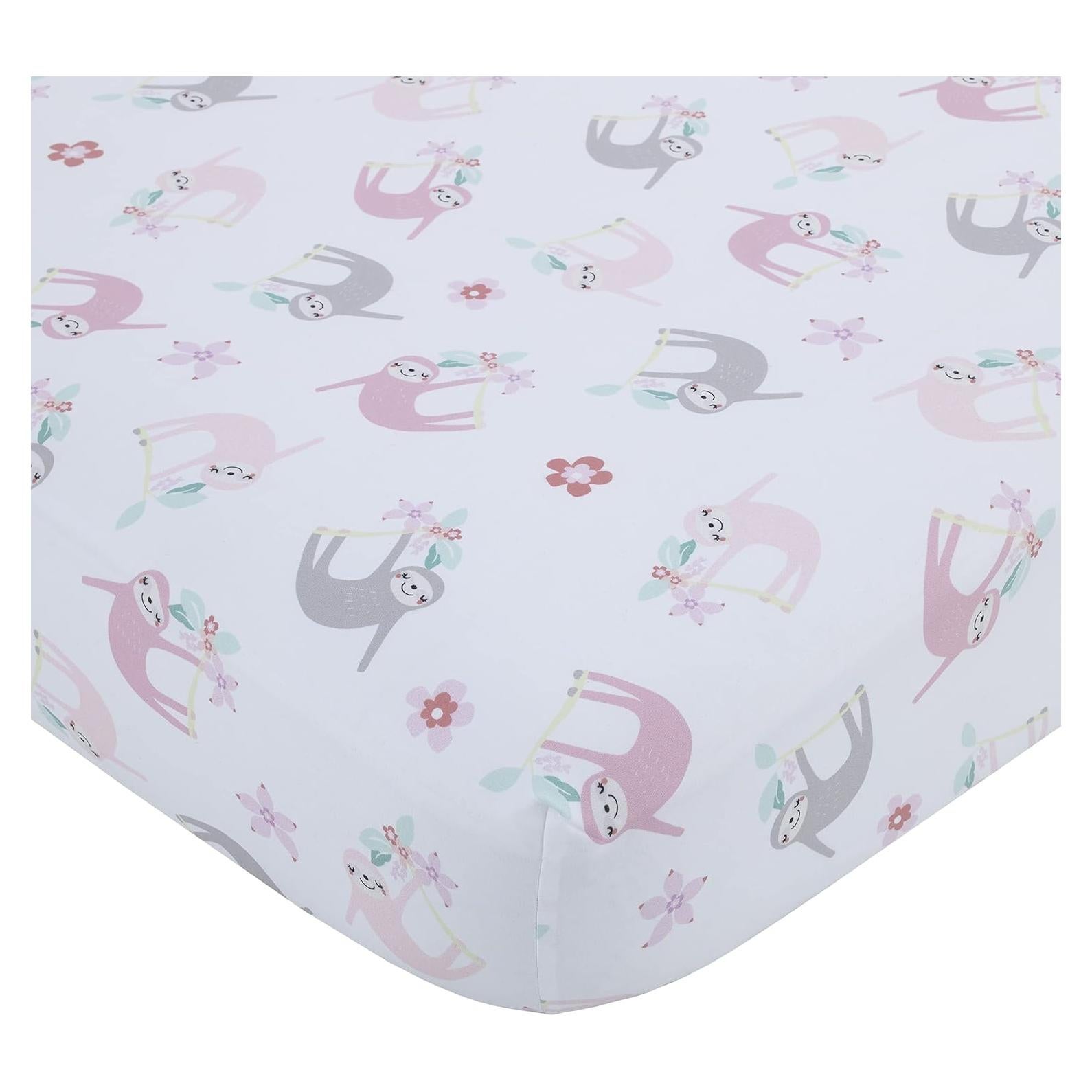 Sábana Ajustable para Cuna NoJo Jardín Tropical Rosa y Gris