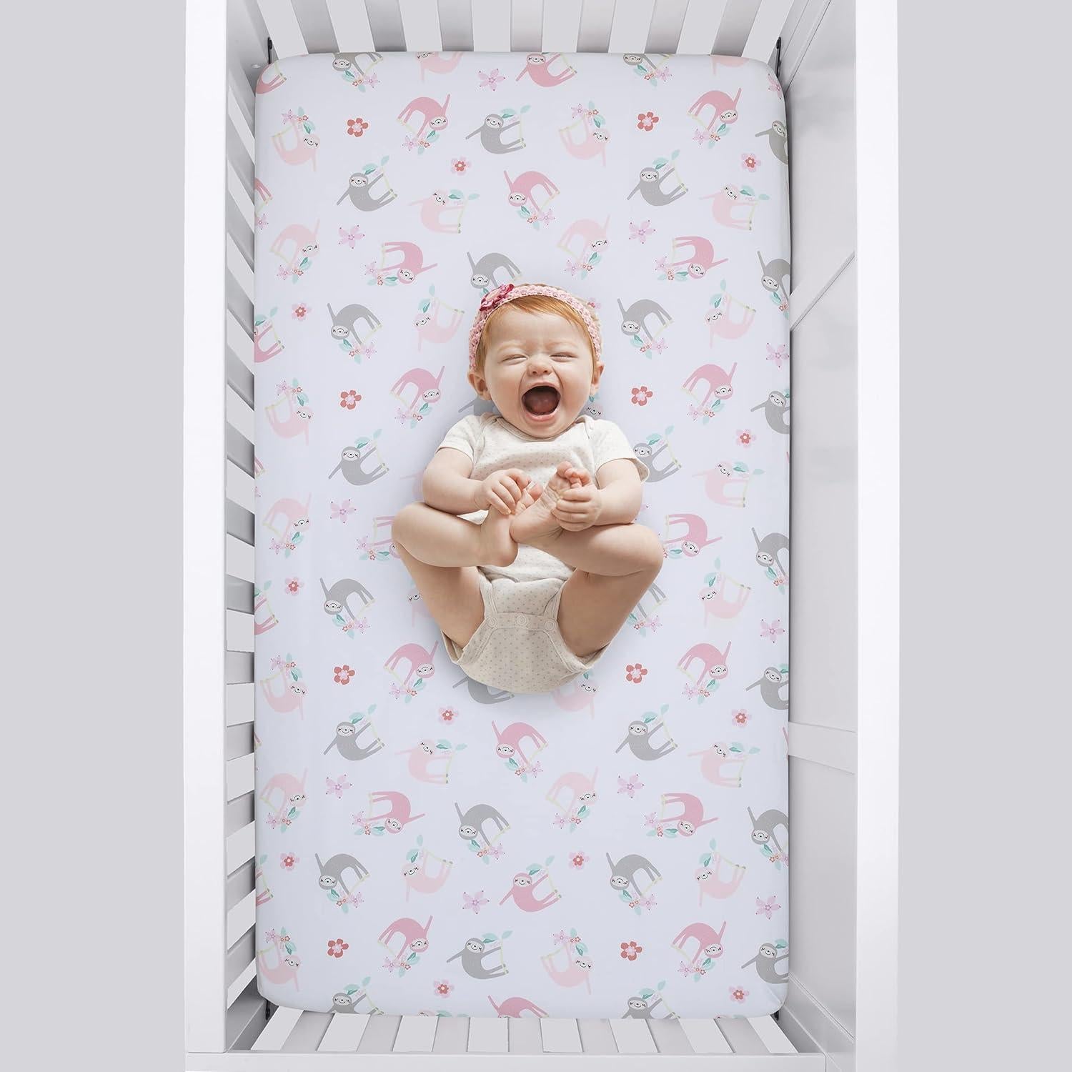 Sábana Ajustable para Cuna NoJo Jardín Tropical Rosa y Gris