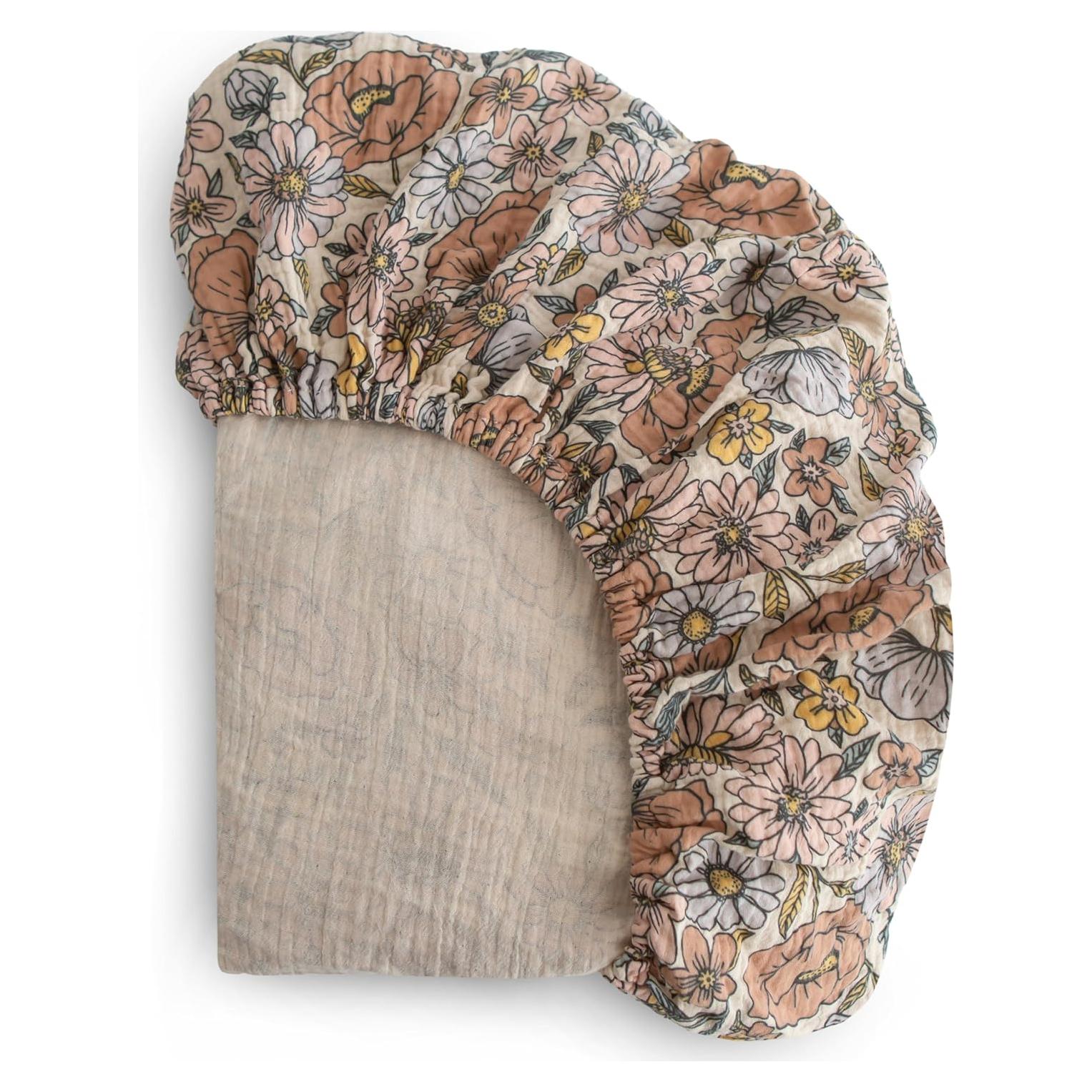 Sábana Ajustable de Muselina Mushie 100% Algodón 132x71cm Flores Retro