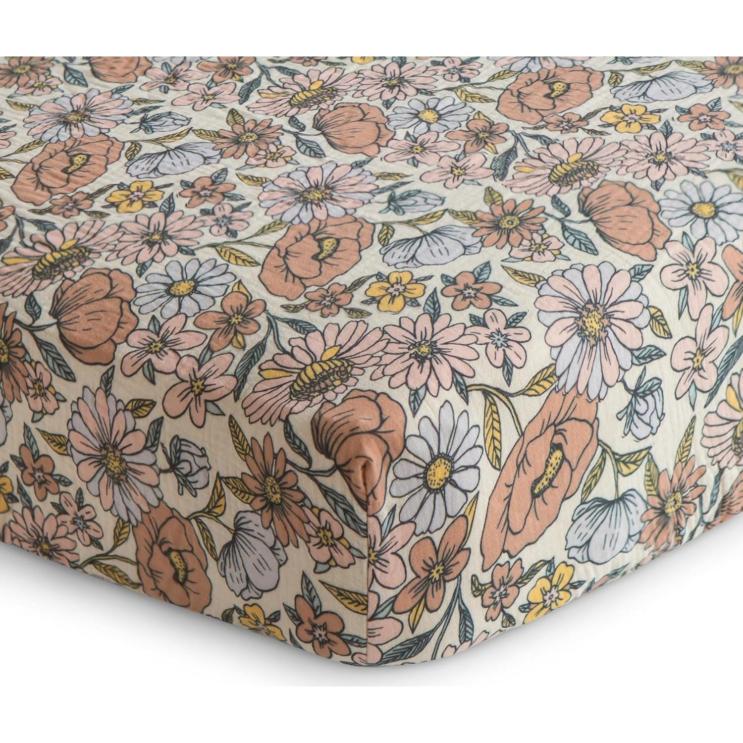 Sábana Ajustable de Muselina Mushie 100% Algodón 132x71cm Flores Retro