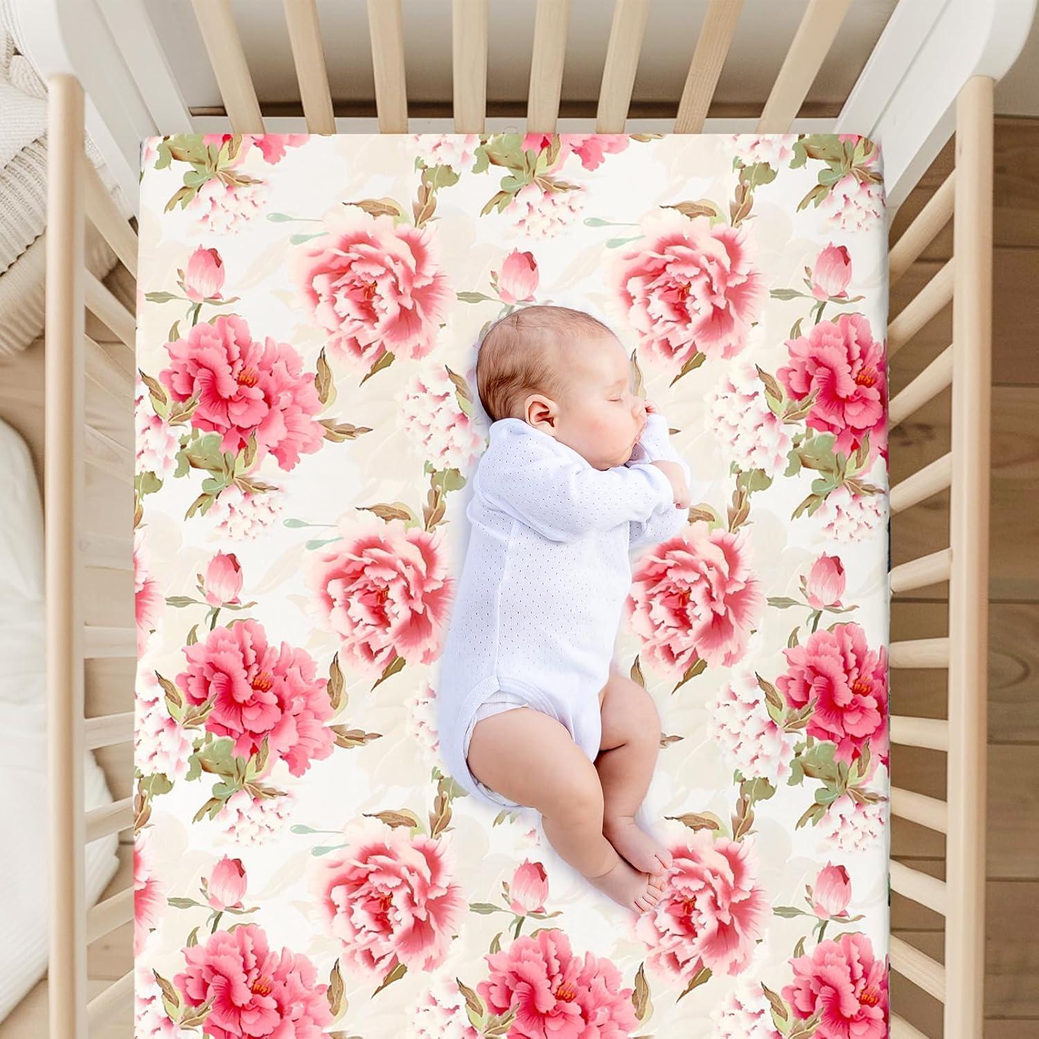 Sábana Ajustable para Cuna HNHUAMING Floral Peonía Rosa 132x71cm