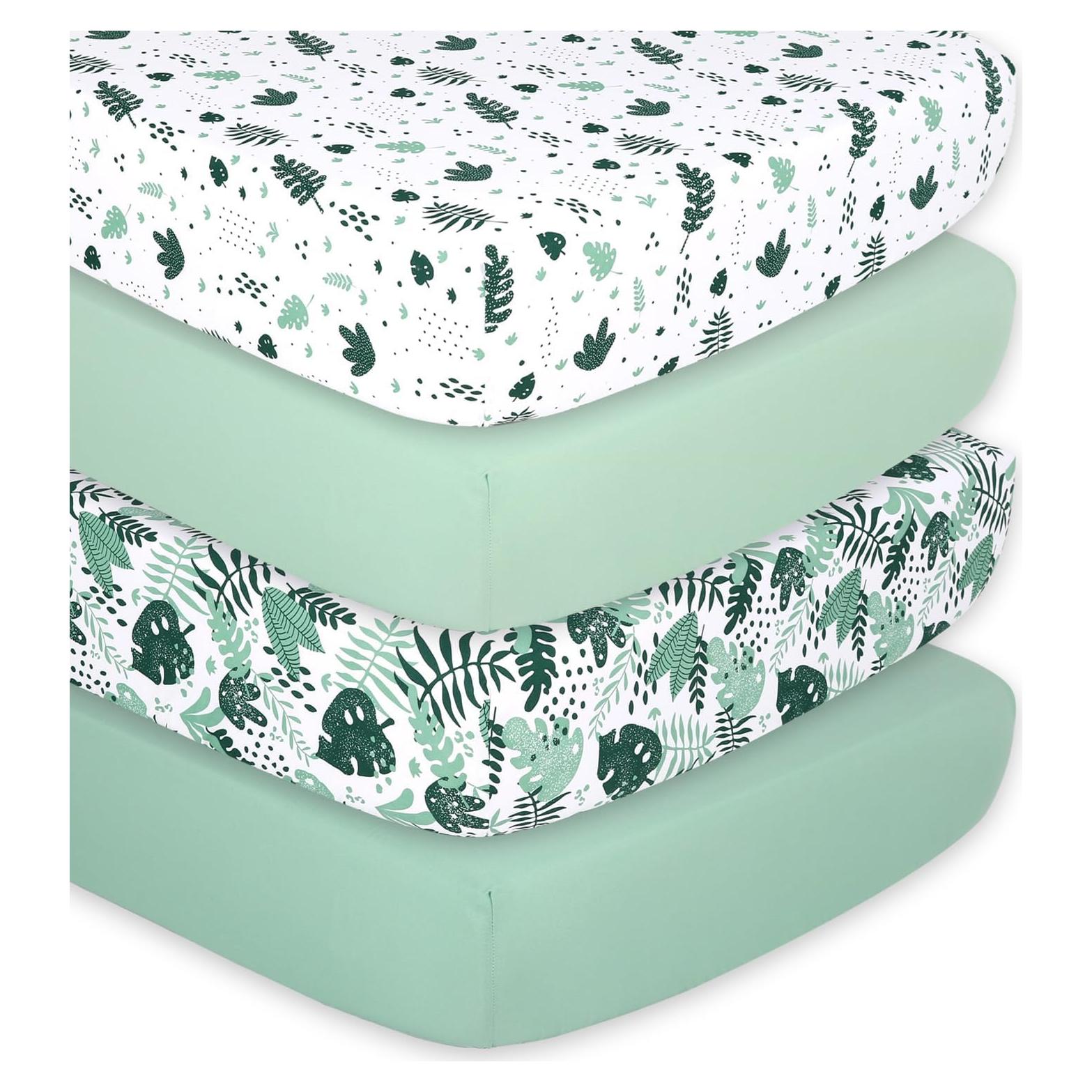 The Peanutshell 4-Pack Fitted Crib Sheet Set - Super Soft & Breathable Baby Girl or Boy Crib Sheets, Nursery Decor, Fit for Standard Mattress Cover - Green Botanical