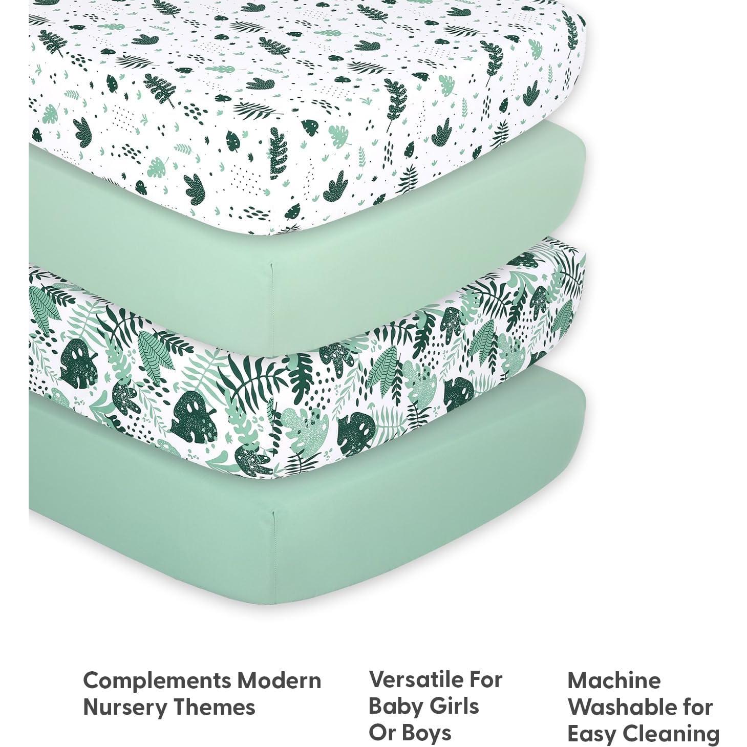 The Peanutshell 4-Pack Fitted Crib Sheet Set - Super Soft & Breathable Baby Girl or Boy Crib Sheets, Nursery Decor, Fit for Standard Mattress Cover - Green Botanical