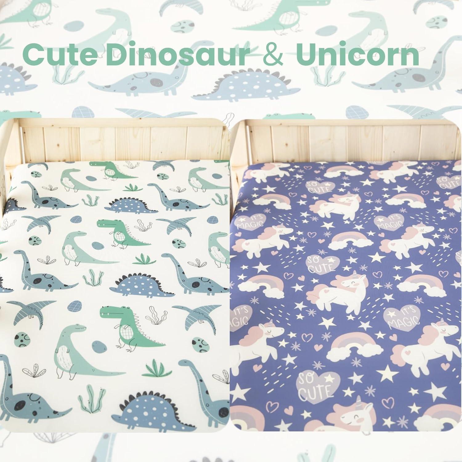 Paquete de 2 Sábanas de Cuna SDIII Unicornio y Dinosaurio 132x71 cm