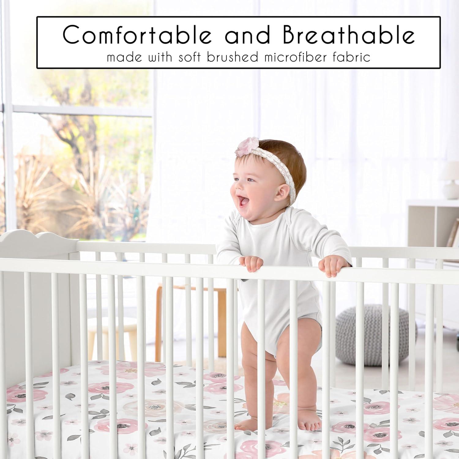 Hoja de Cuna Ajustada de Satén Sweet Jojo Rosa y Gris Floral