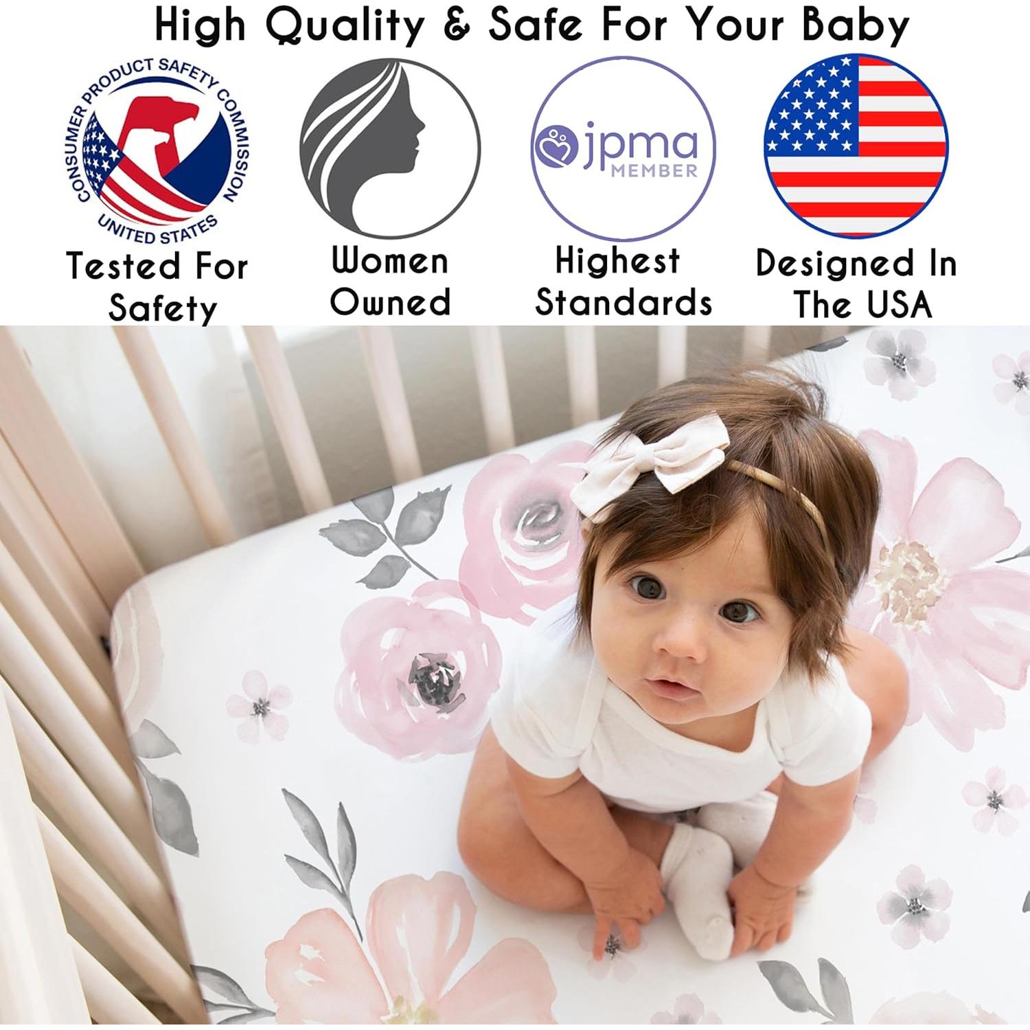 Hoja de Cuna Ajustada de Satén Sweet Jojo Rosa y Gris Floral