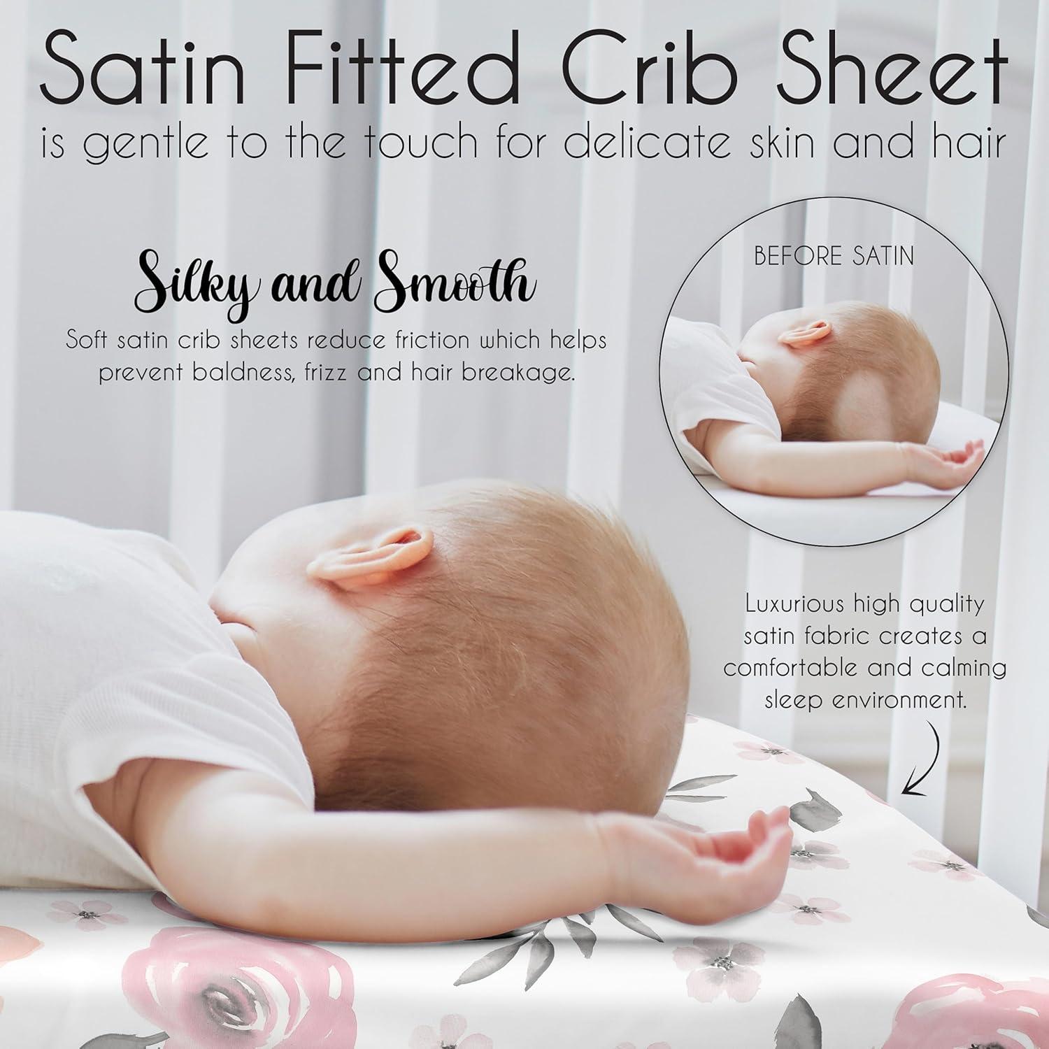 Hoja de Cuna Ajustada de Satén Sweet Jojo Rosa y Gris Floral