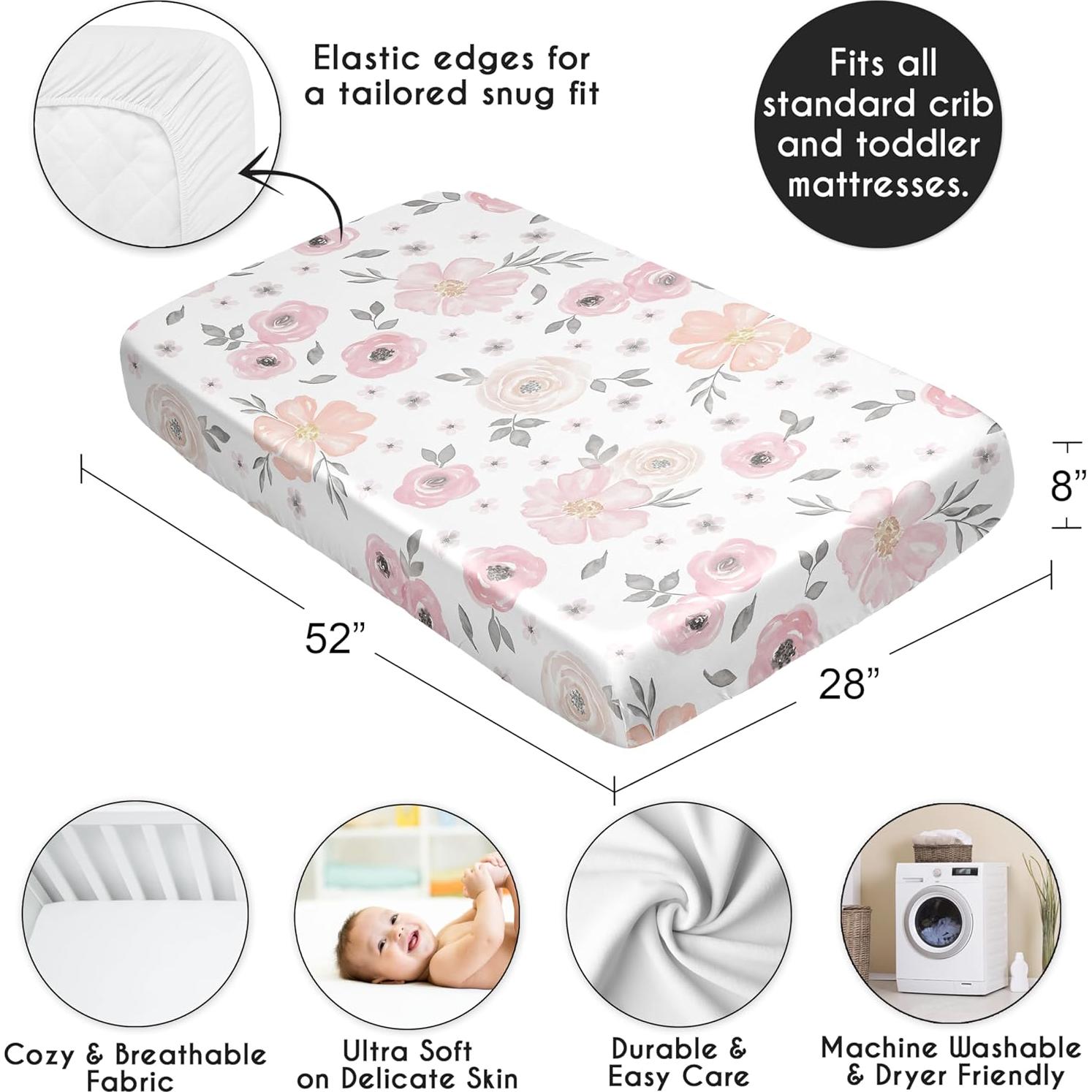 Hoja de Cuna Ajustada de Satén Sweet Jojo Rosa y Gris Floral