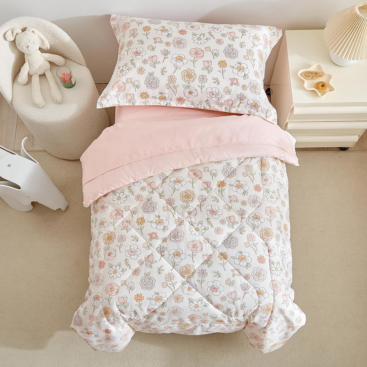 Conjunto de Edredón Floral DuShow 4 Piezas Microfibra Rosa