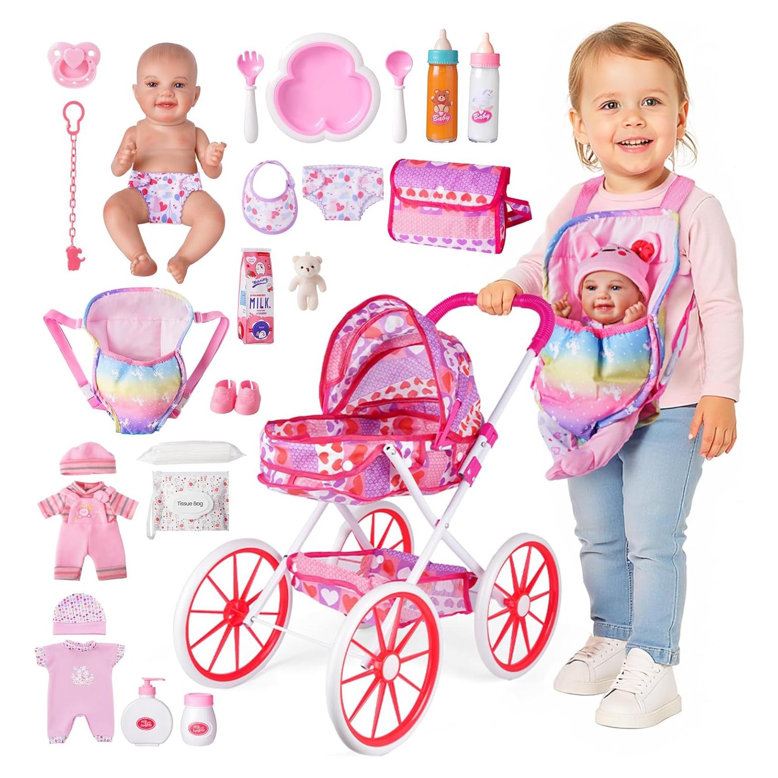 Cochecito de Muñeca BABESIDE con Muñeca Lavable 30 cm y 24 Accesorios