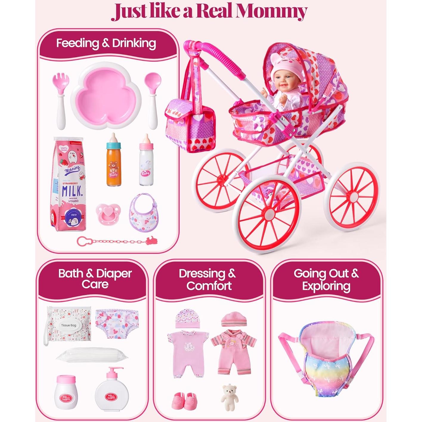 Cochecito de Muñeca BABESIDE con Muñeca Lavable 30 cm y 24 Accesorios