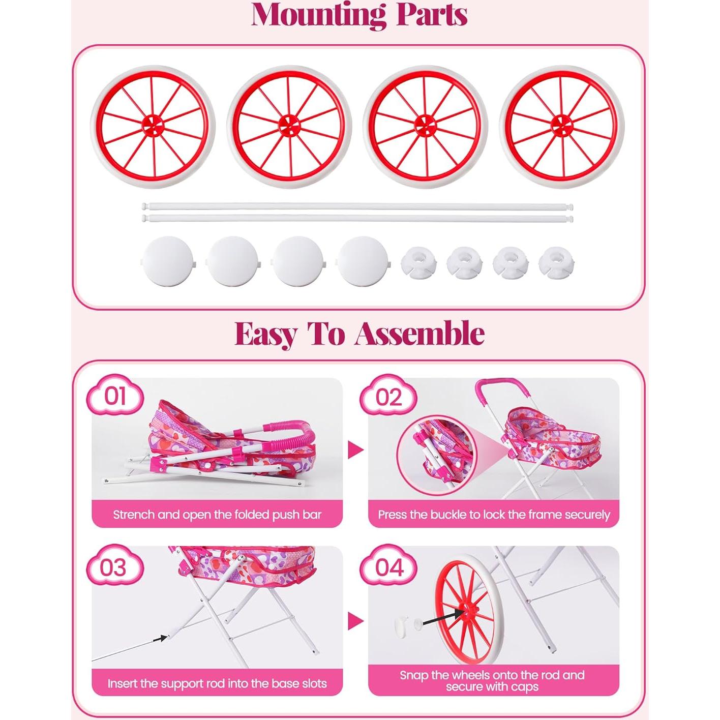 Cochecito de Muñeca BABESIDE con Muñeca Lavable 30 cm y 24 Accesorios