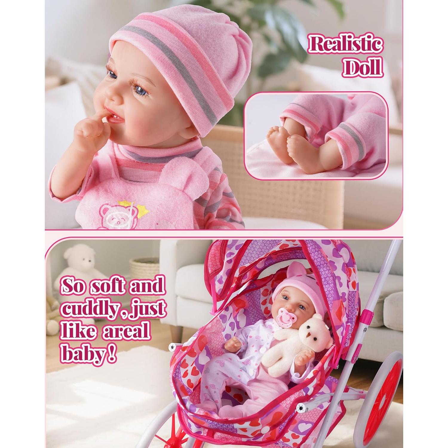 Cochecito de Muñeca BABESIDE con Muñeca Lavable 30 cm y 24 Accesorios