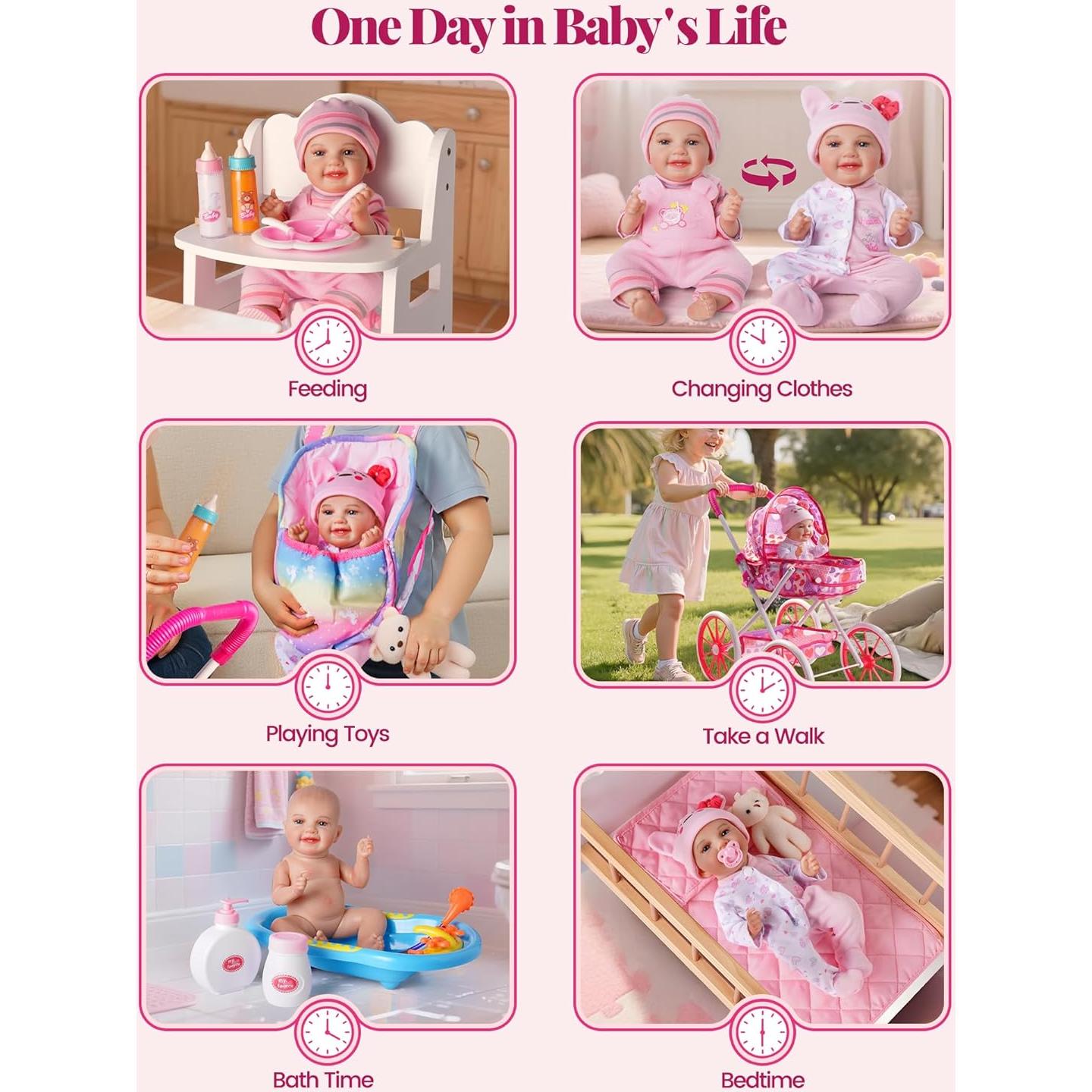 Cochecito de Muñeca BABESIDE con Muñeca Lavable 30 cm y 24 Accesorios