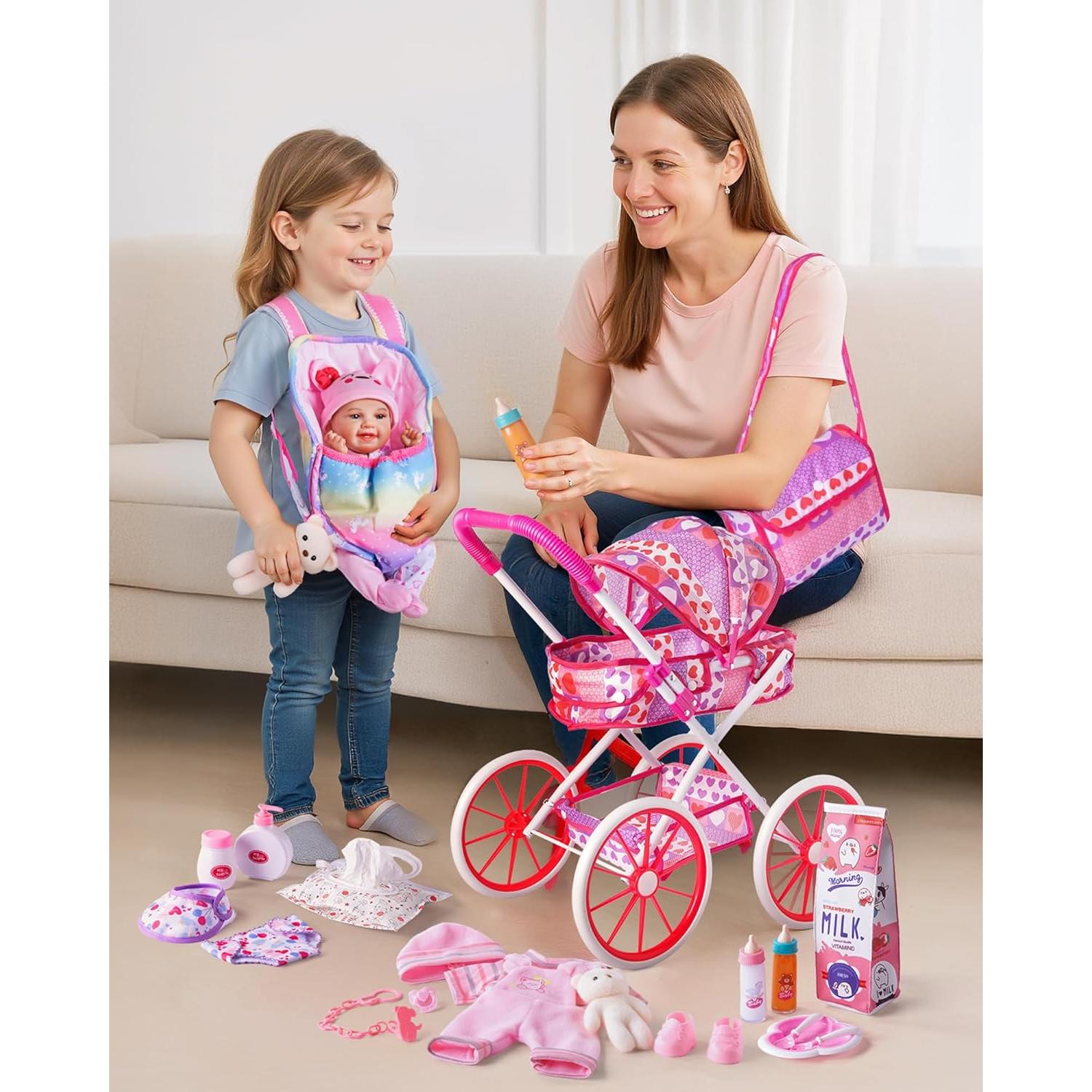 Cochecito de Muñeca BABESIDE con Muñeca Lavable 30 cm y 24 Accesorios