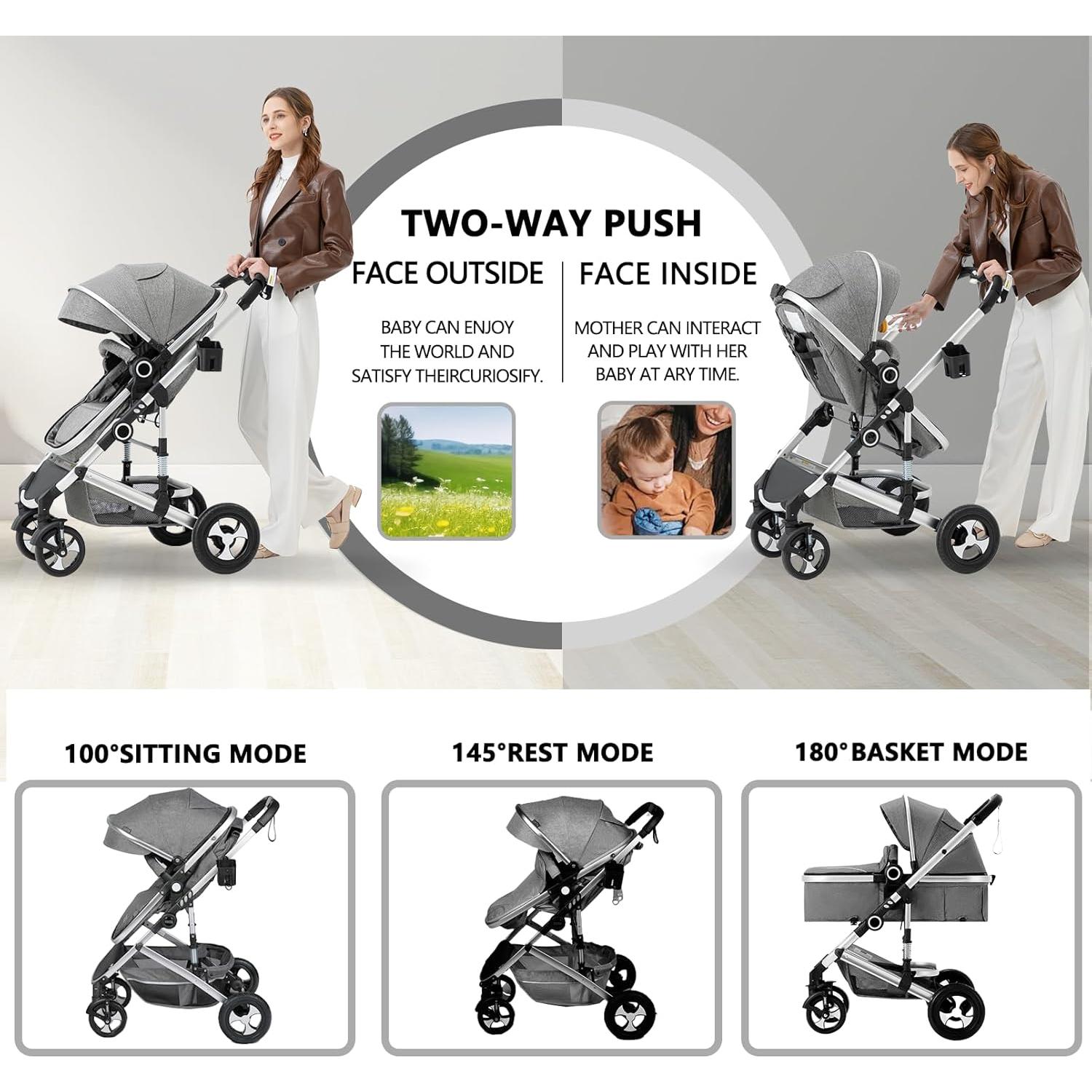 Cochecito Kinder King 2 en 1 Plegable Reversible Gris Claro