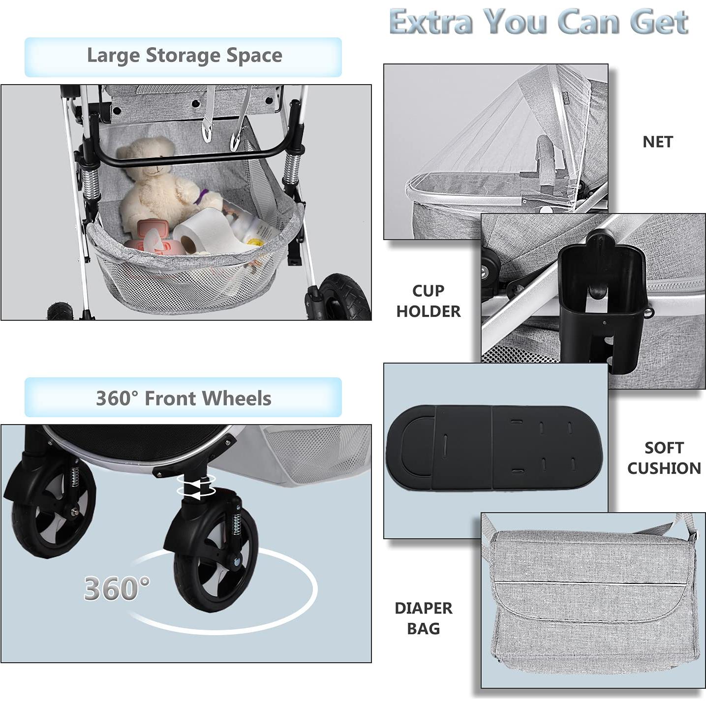 Cochecito Kinder King 2 en 1 Plegable Reversible Gris Claro