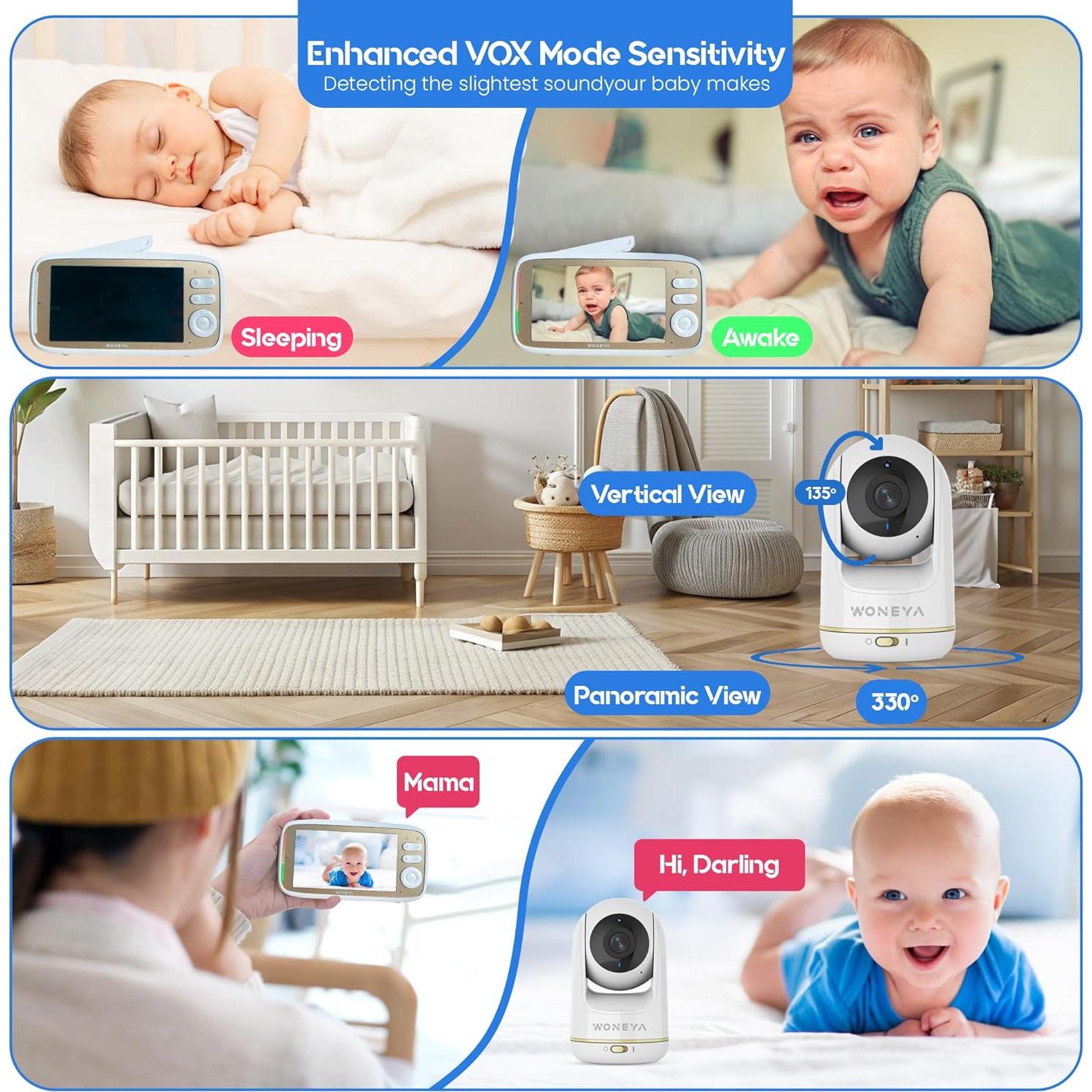 Monitor de Bebé Woneya VB803-Pro 2K HD, Alcance 600m, 48h Batería