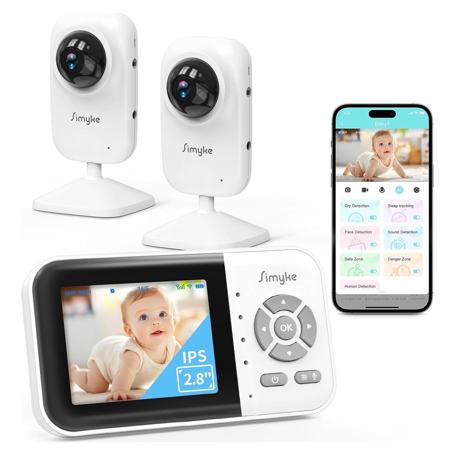 Monitor de Video para Bebés Simyke SBME28-2, 2 Cámaras, 720p